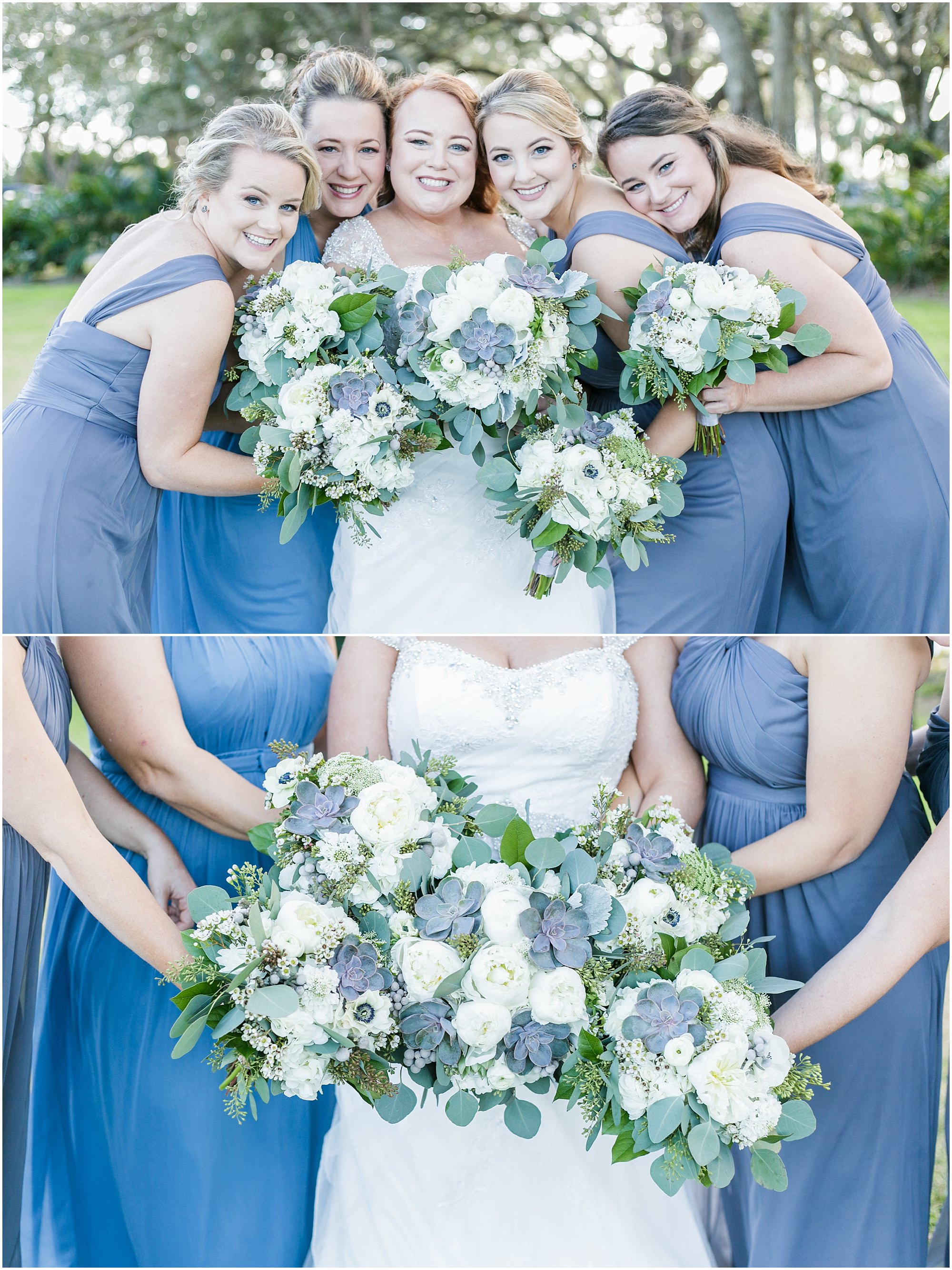 Bride with her bridesmaids and their bouquets. 