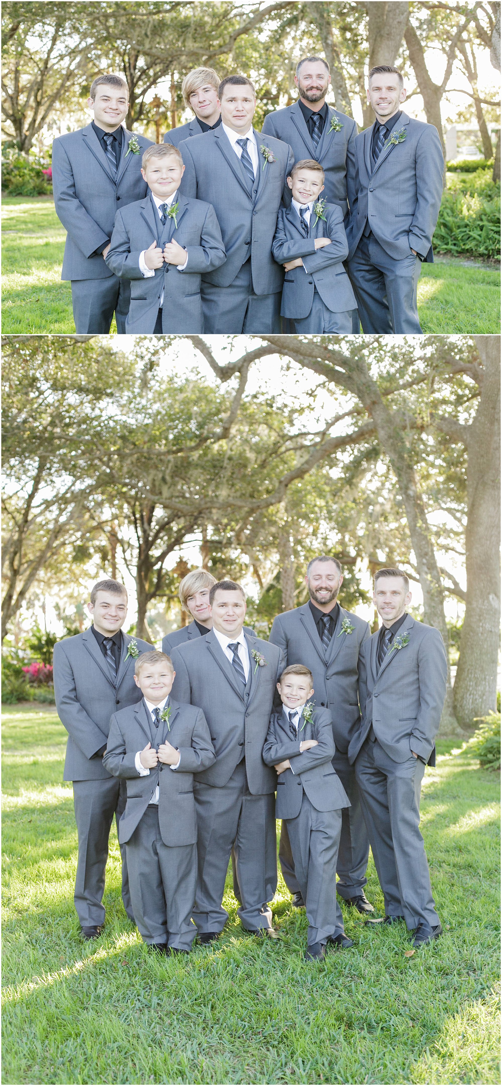 Groom and the groomsmen posing for photos outdoors. 