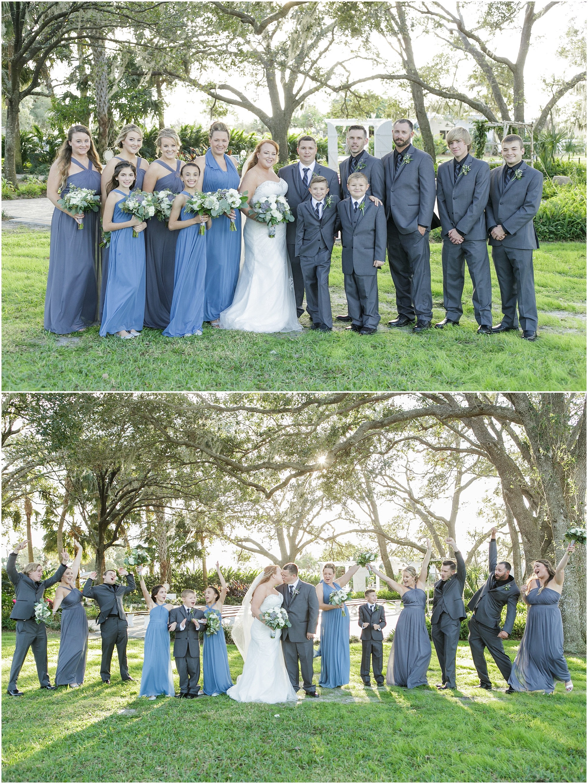The entire wedding party posing together for photos under large oak trees