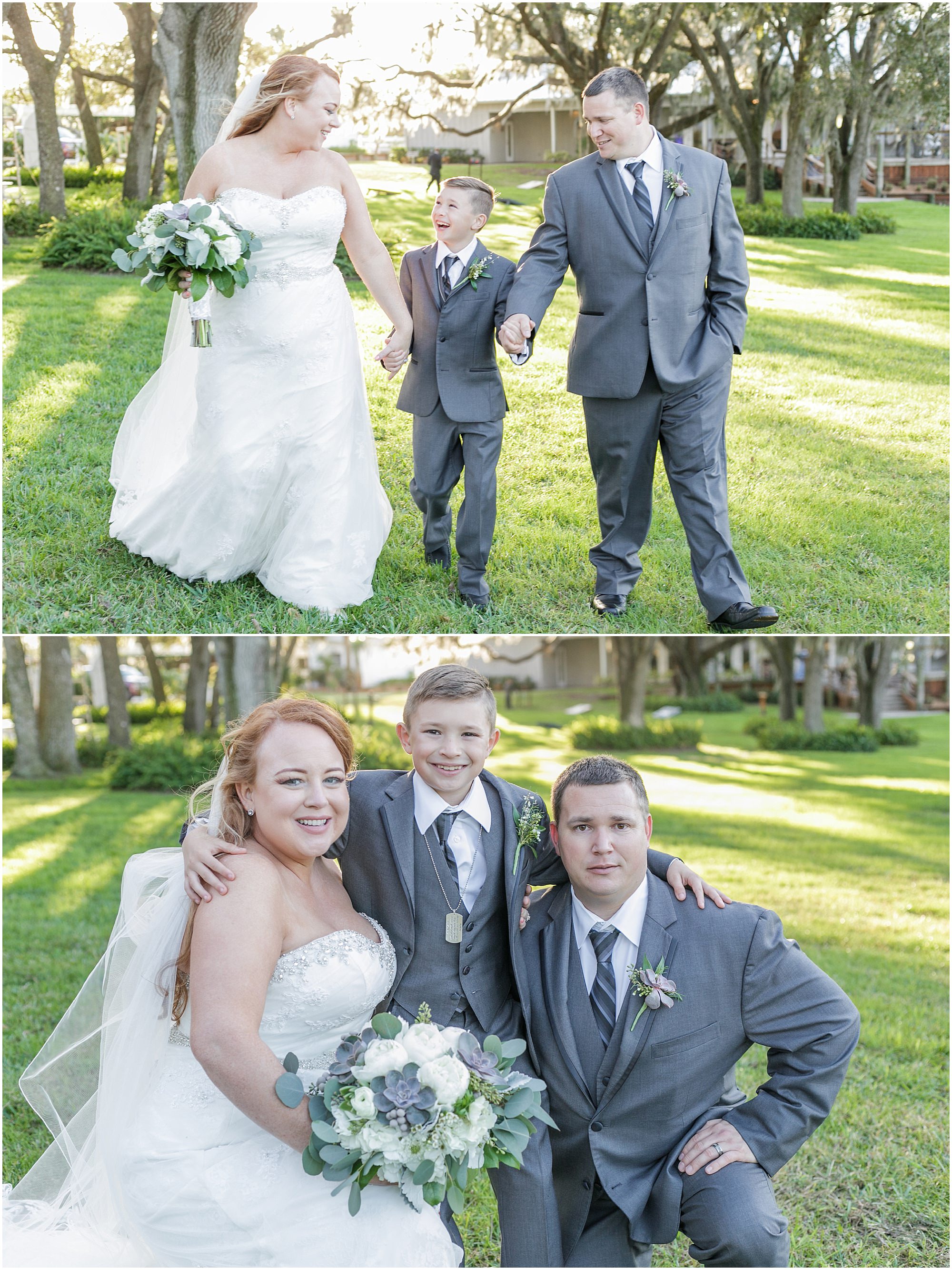 Bride and groom take photos with their son on their wedding day. 