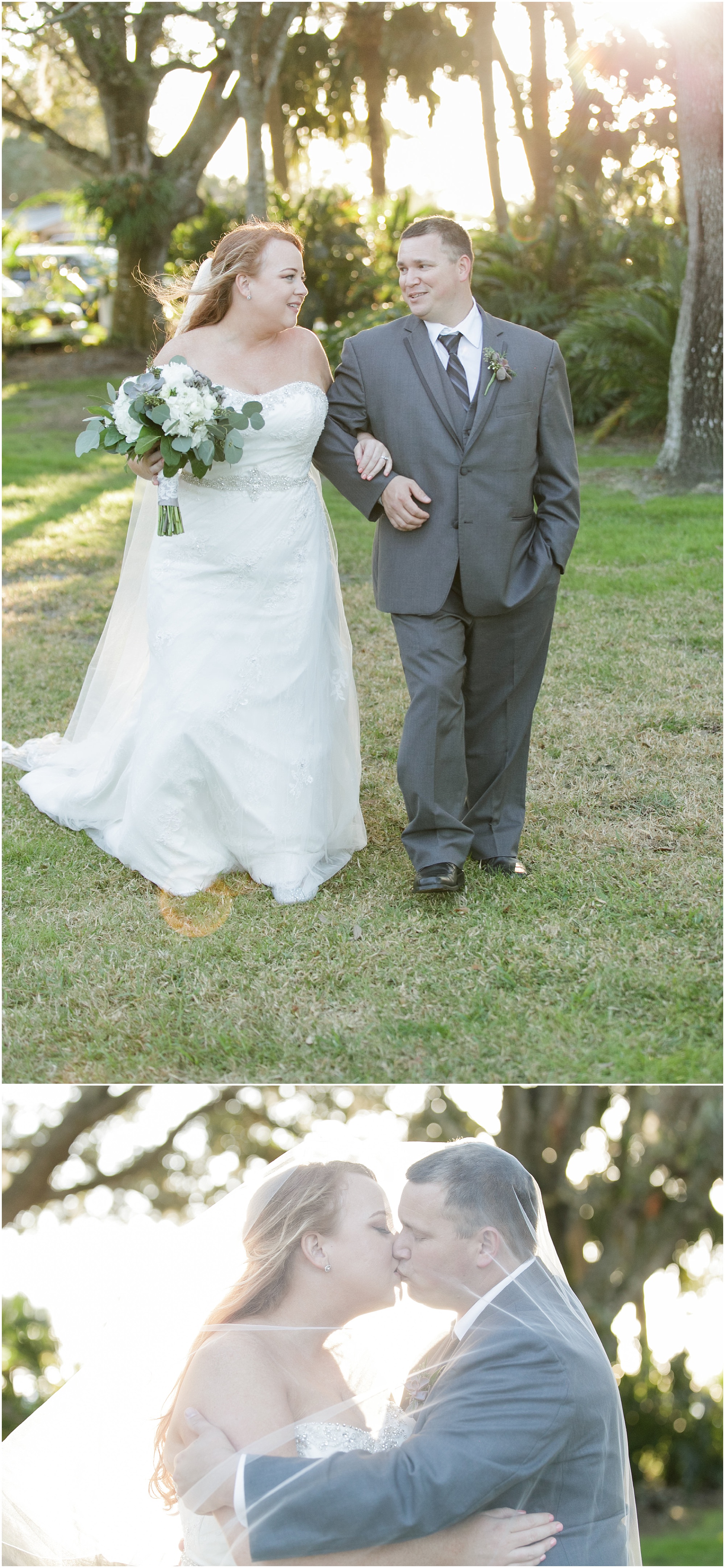 Portraits of the bride and groom as they are walking and then they kiss under the brides veil. 