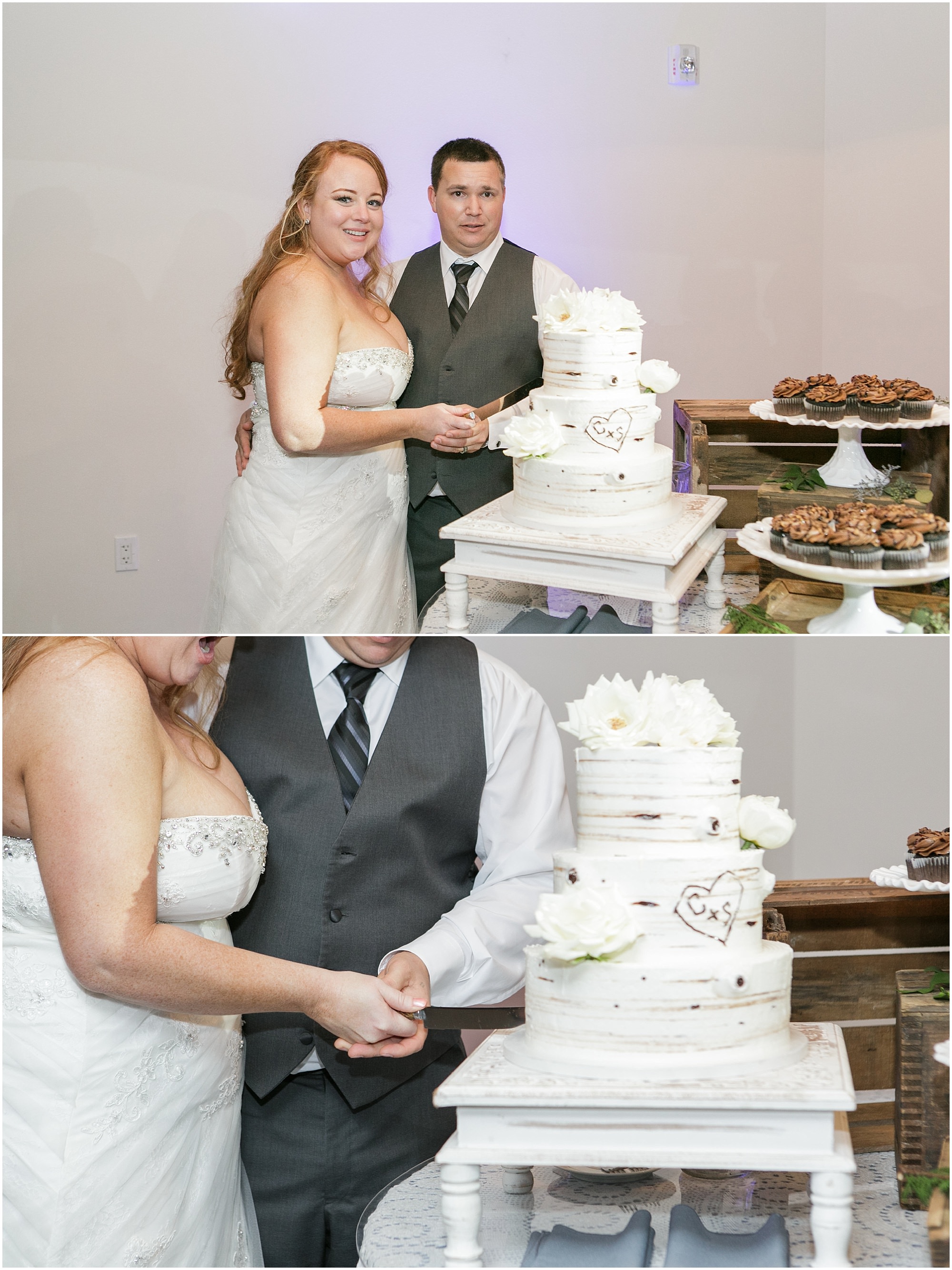 Bride and groom cutting into their wedding cake. 