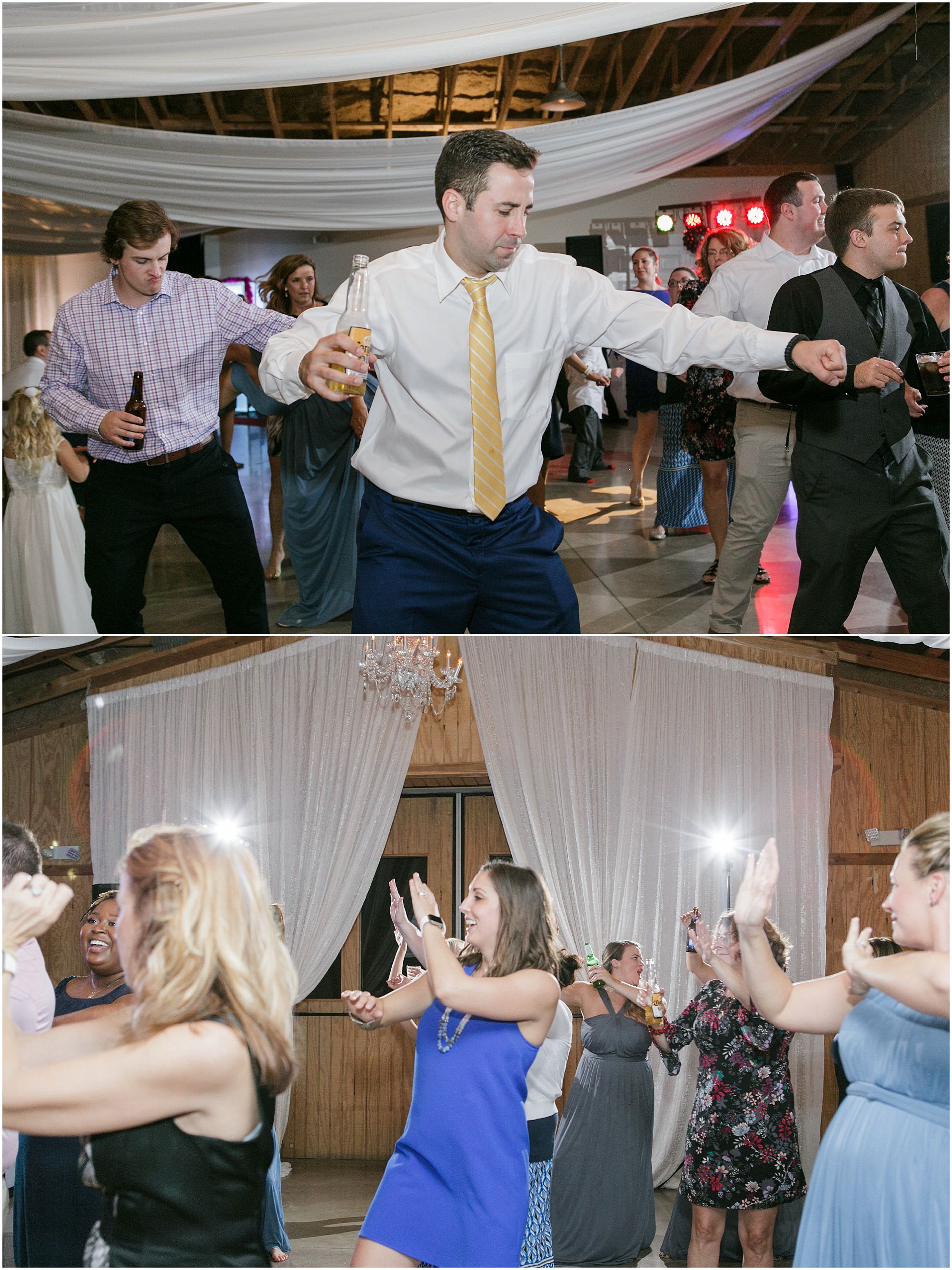 Guests dancing at wedding reception. 