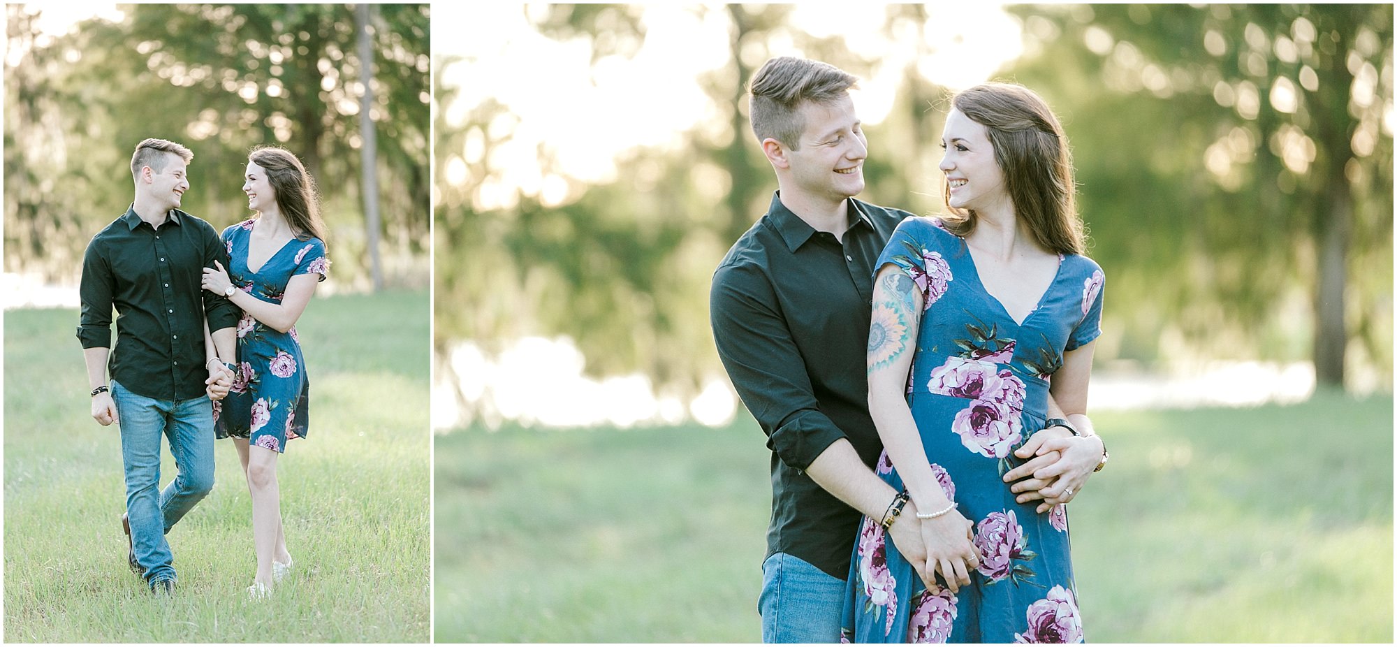 Engaged couple hold hands and walk around in grassy field while smiling at each other. 