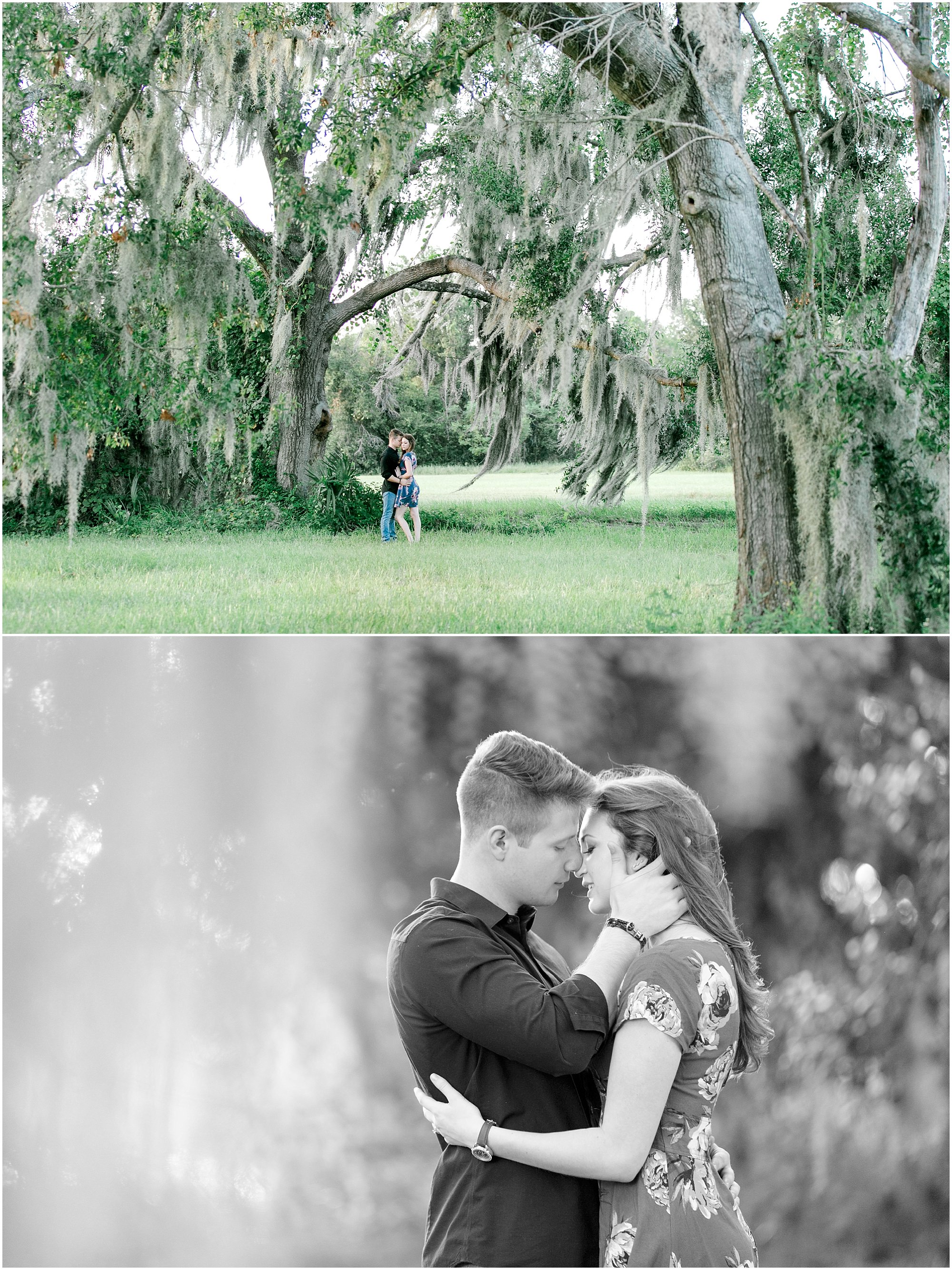Couple standing under old oak trees with hanging moss during their engagement session. 