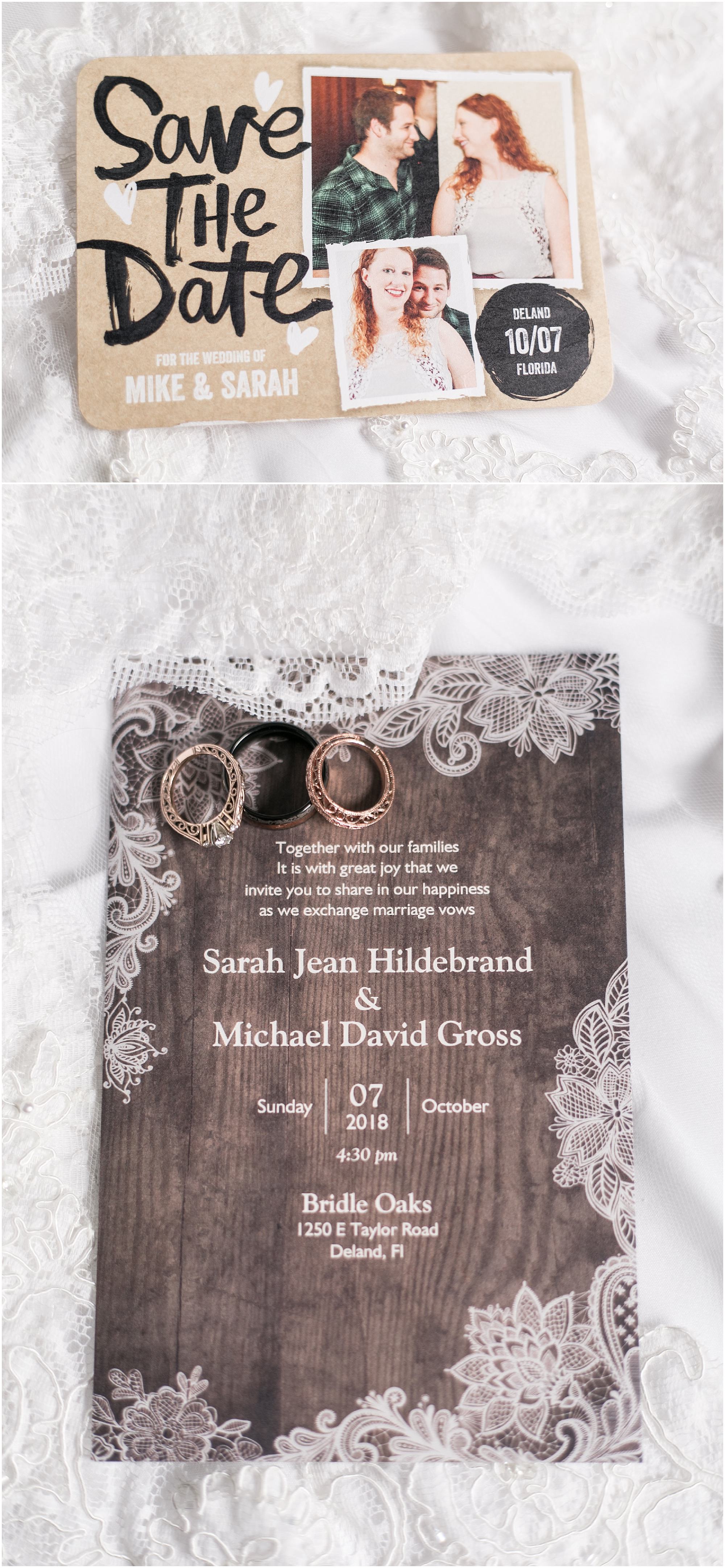 Save the Date and Wedding invitation sitting on top of lace