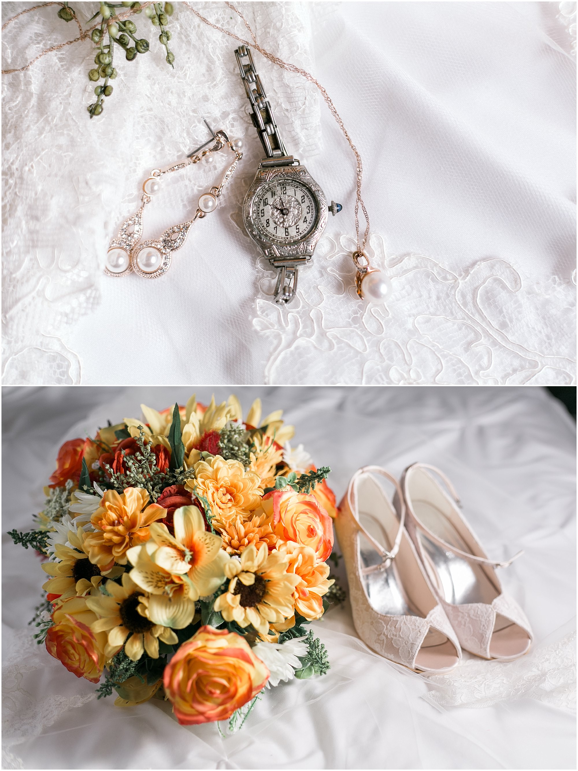 Wedding accessories like a watch, other jewelry, a yellow bouquet and shoes. 