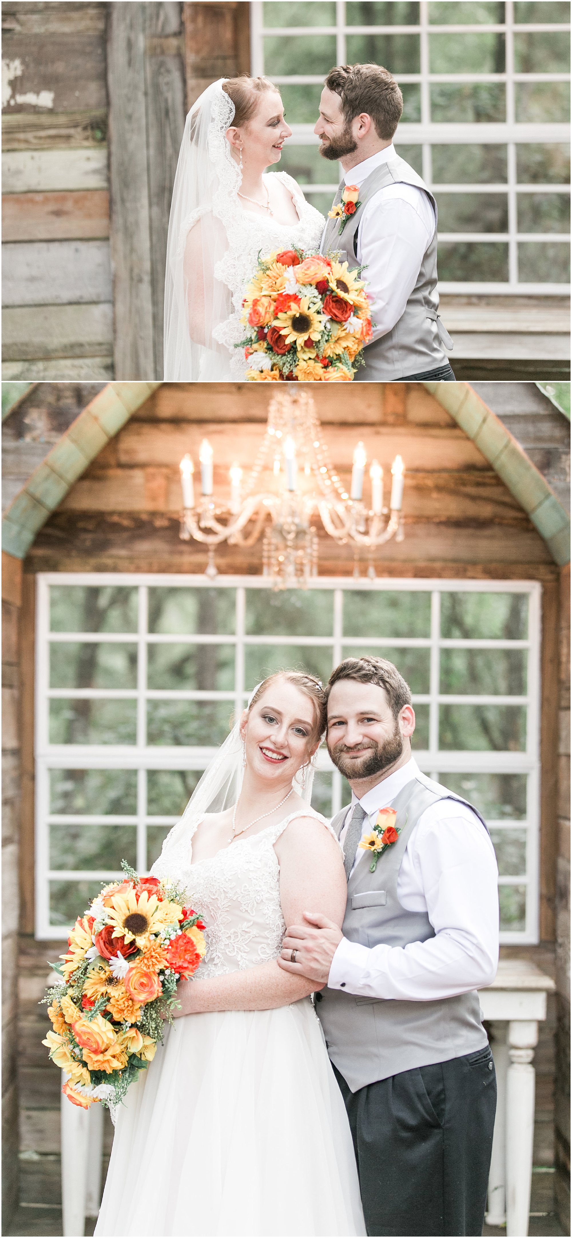 Bride and groom taking portraits in front of their rustic alter