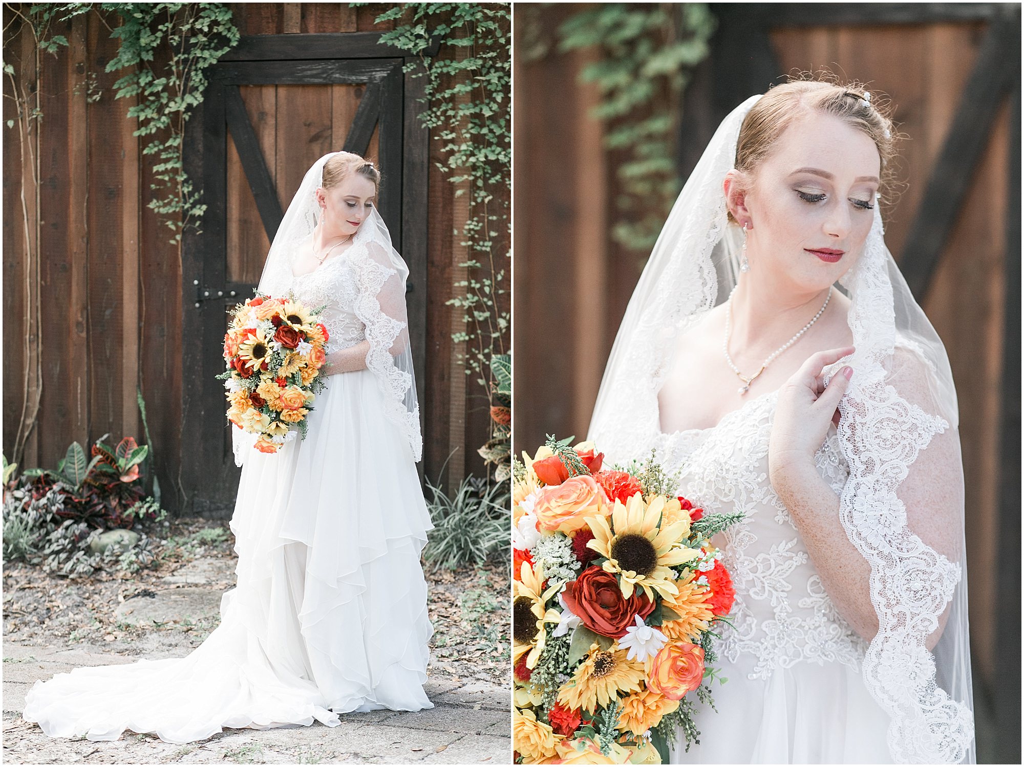 Bride's portraits in her wedding dress standing in front of a barn