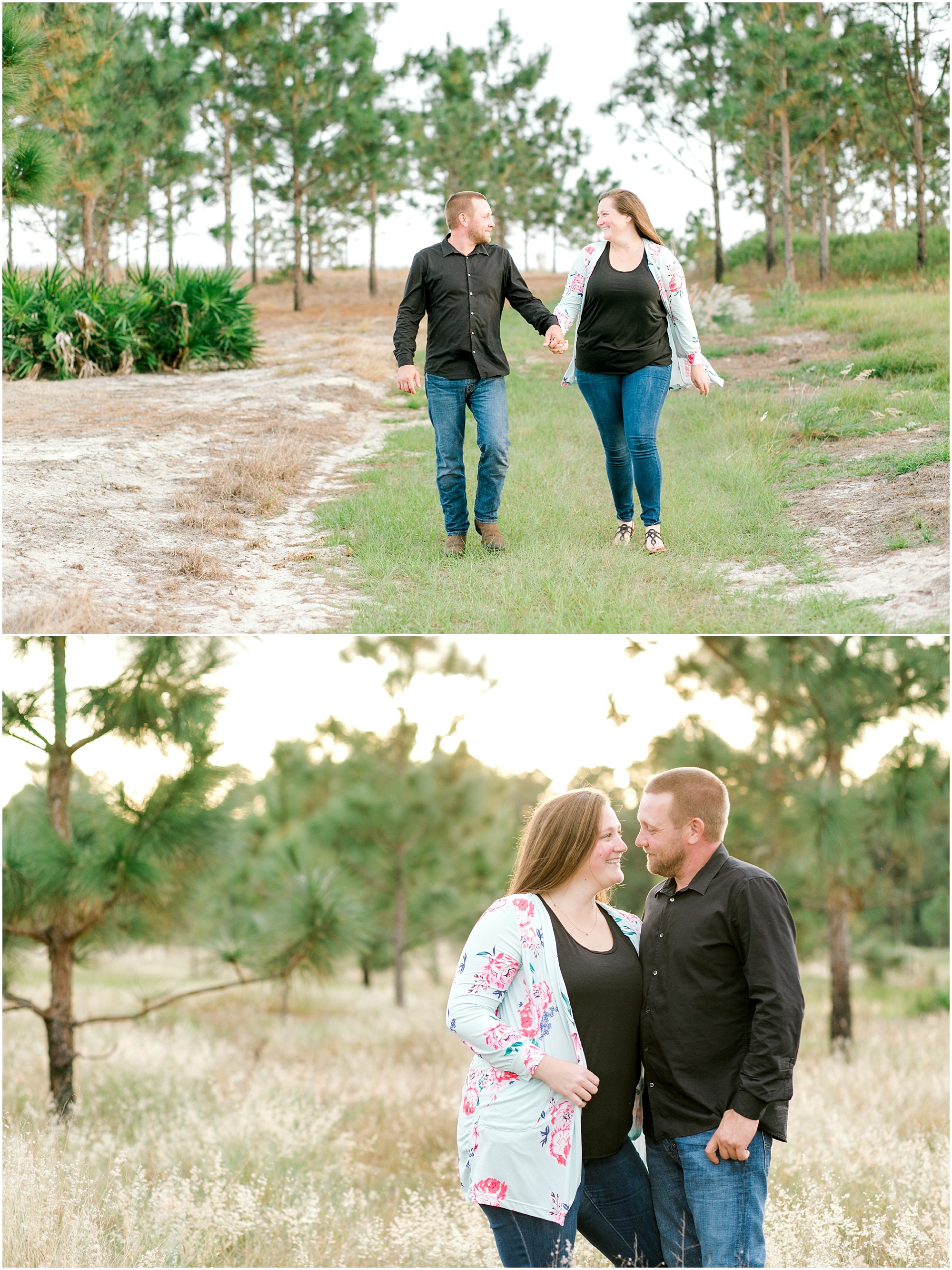 Engaged couple walking along a dirt road at their outdoor engagement session