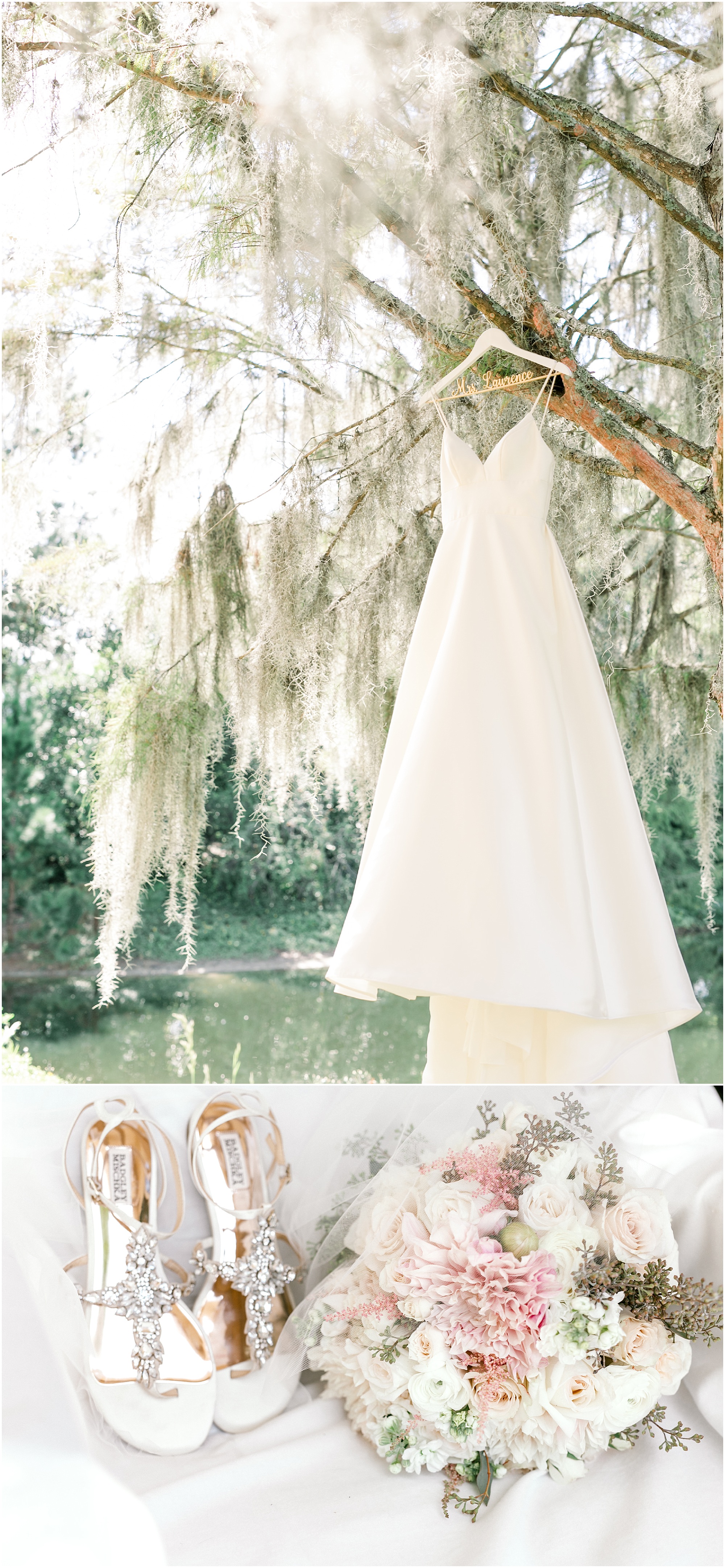 Wedding dress hanging from a tree and pink bouquet and wedding sandals 