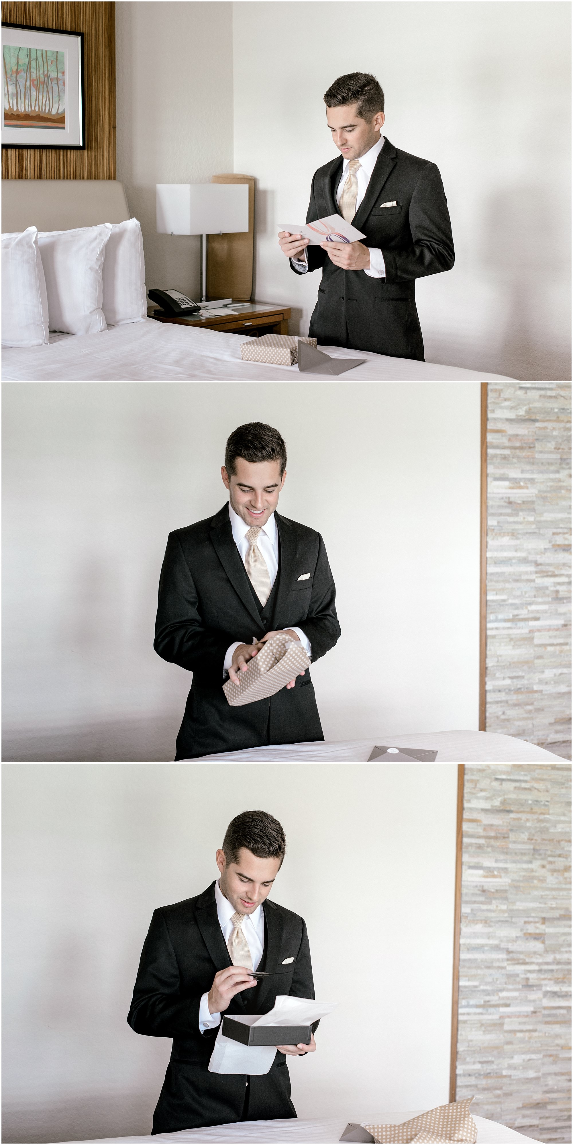 Groom opening up a gift from his bride.