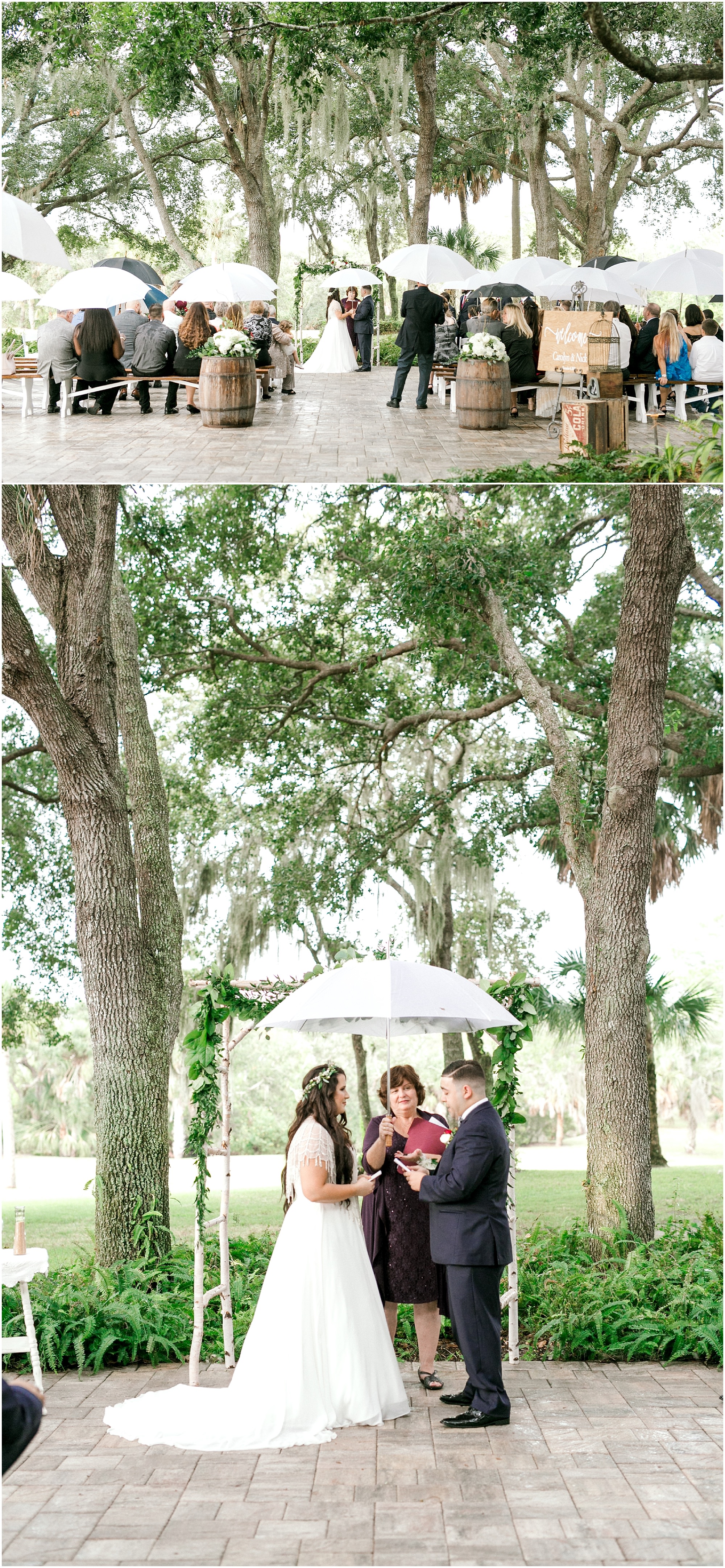 Wedding ceremony at Up the Creek Farms with guests holding umbrellas
