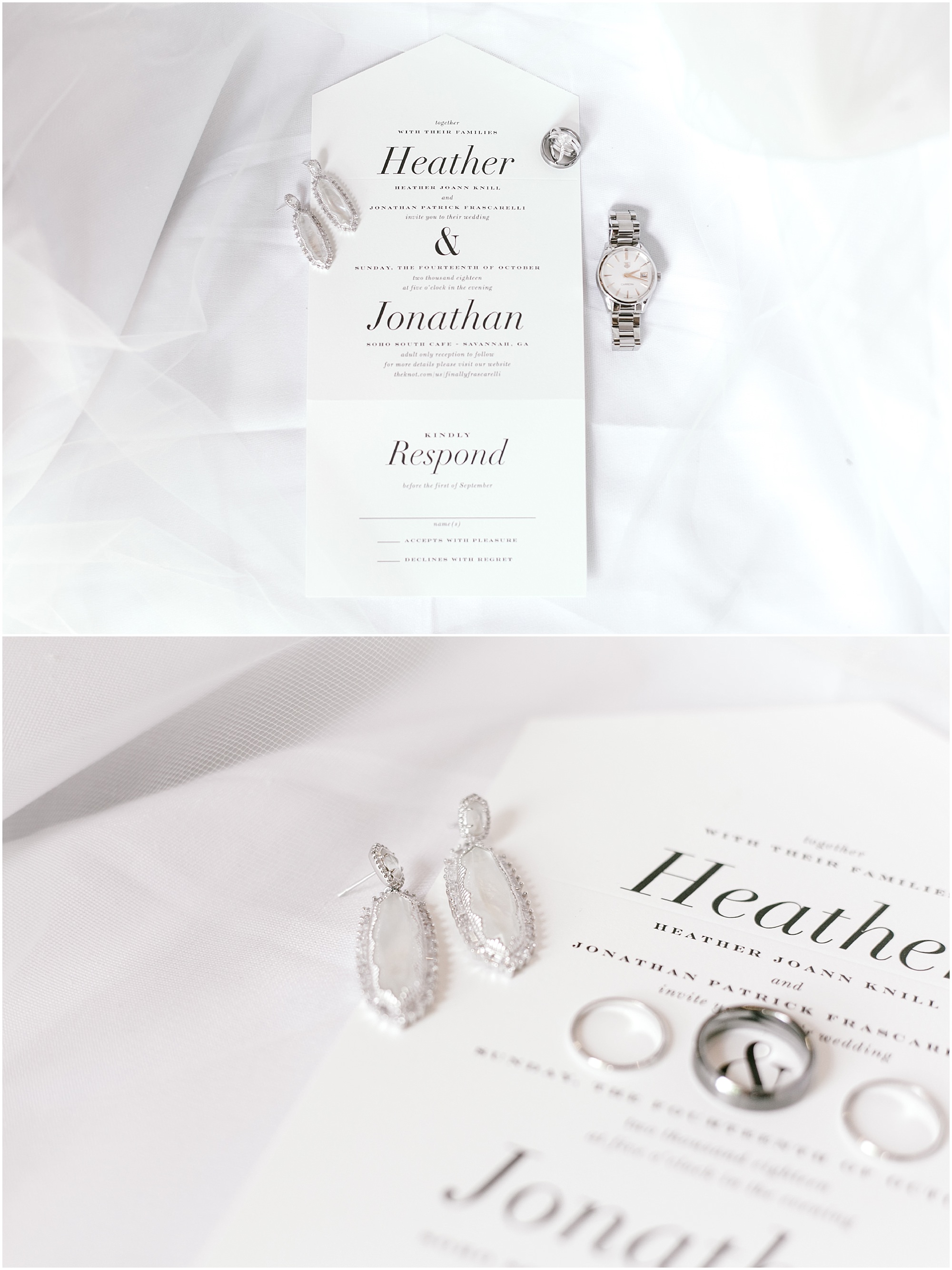 Sweet Historic Savannah wedding invitation with wedding jewelry on it. 