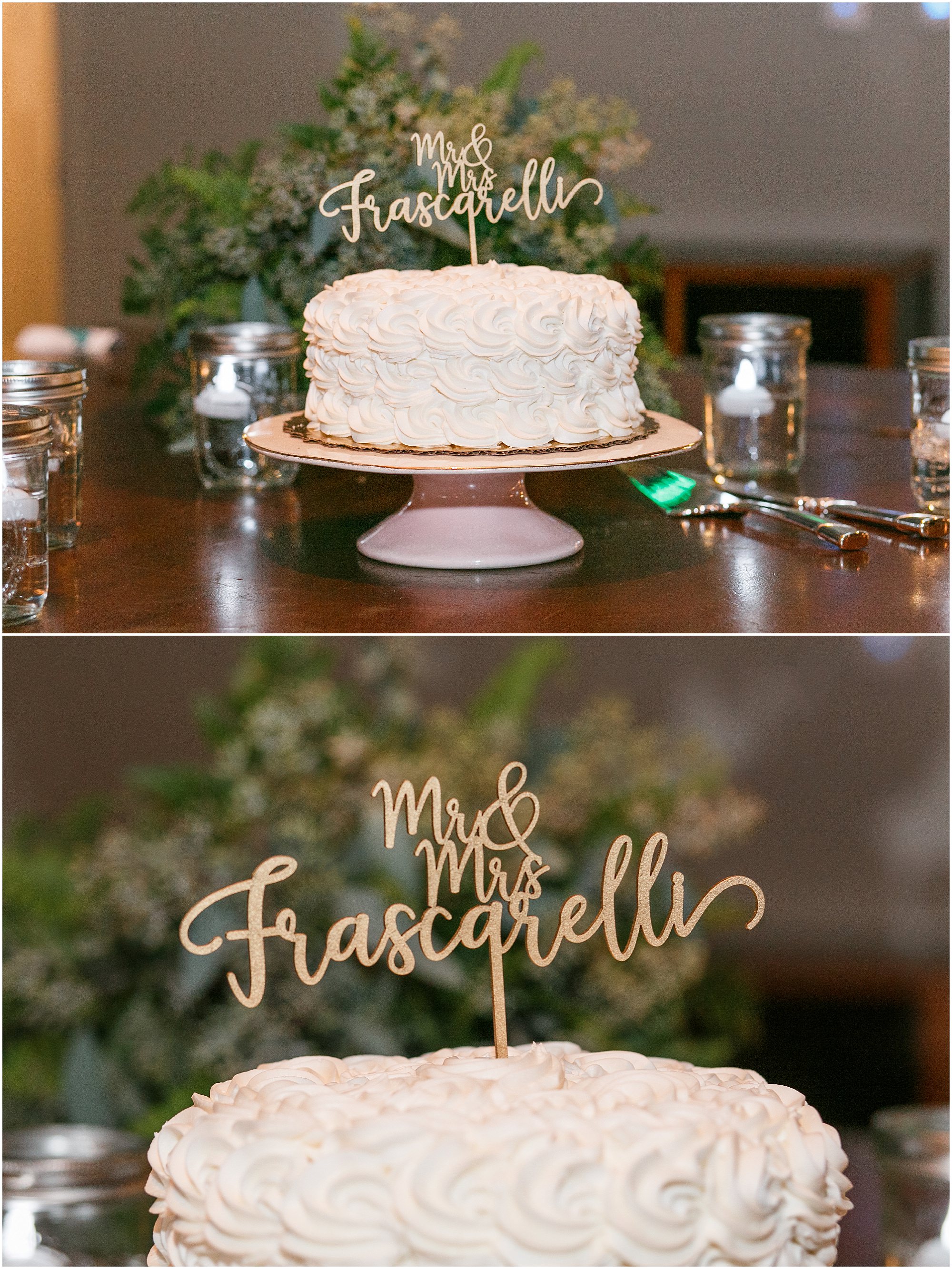 Small white wedding cake with a gold topper of the couples names. 