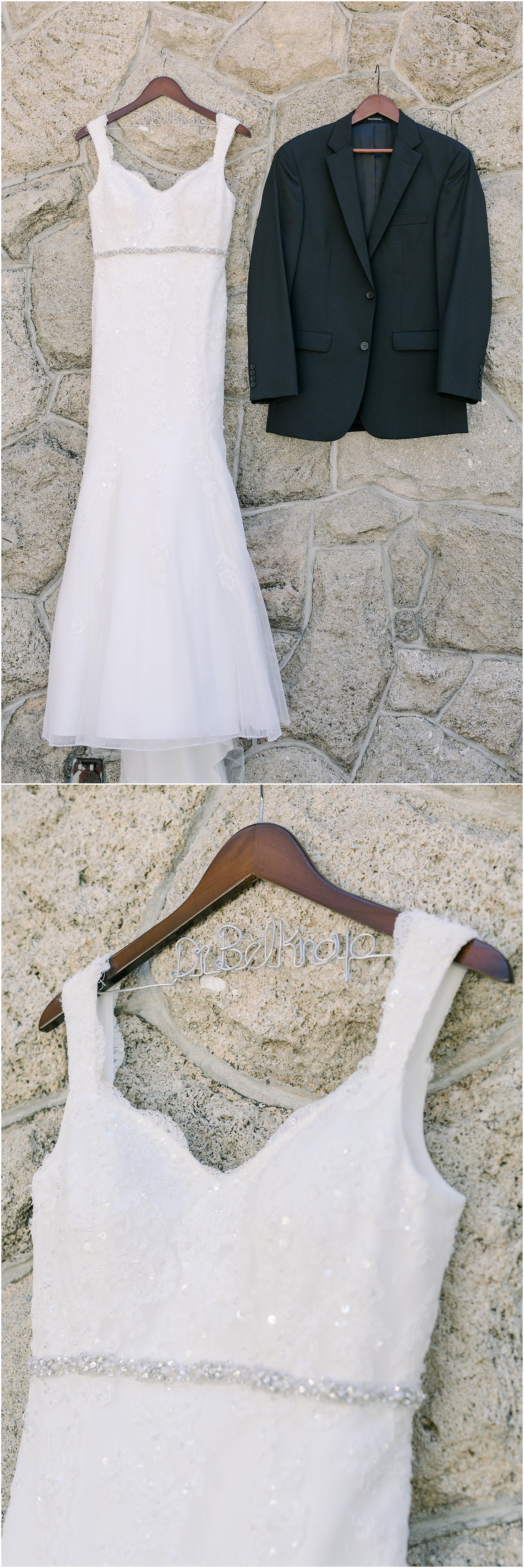 Wedding dress and suit hanging on a cobblestone wall.