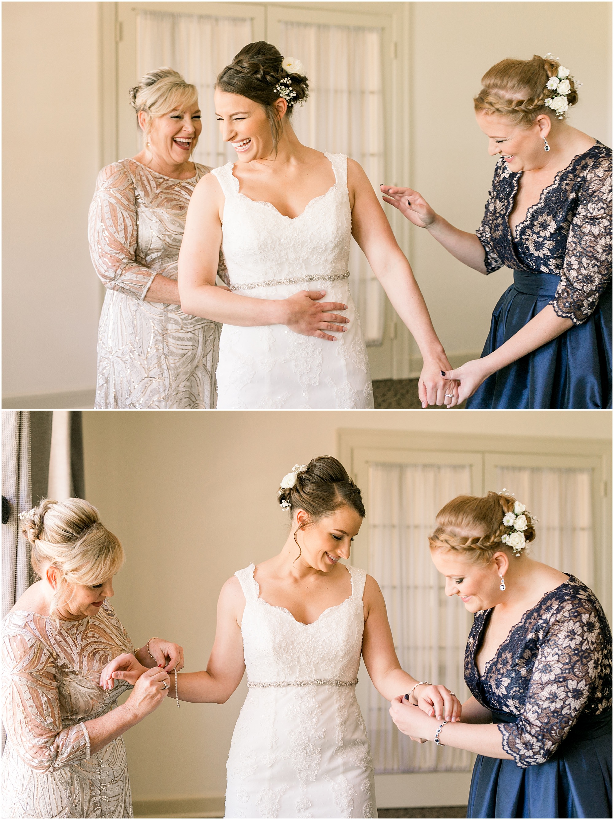 Bride's mother and sister helping her get ready for her wedding by putting on her bracelets 