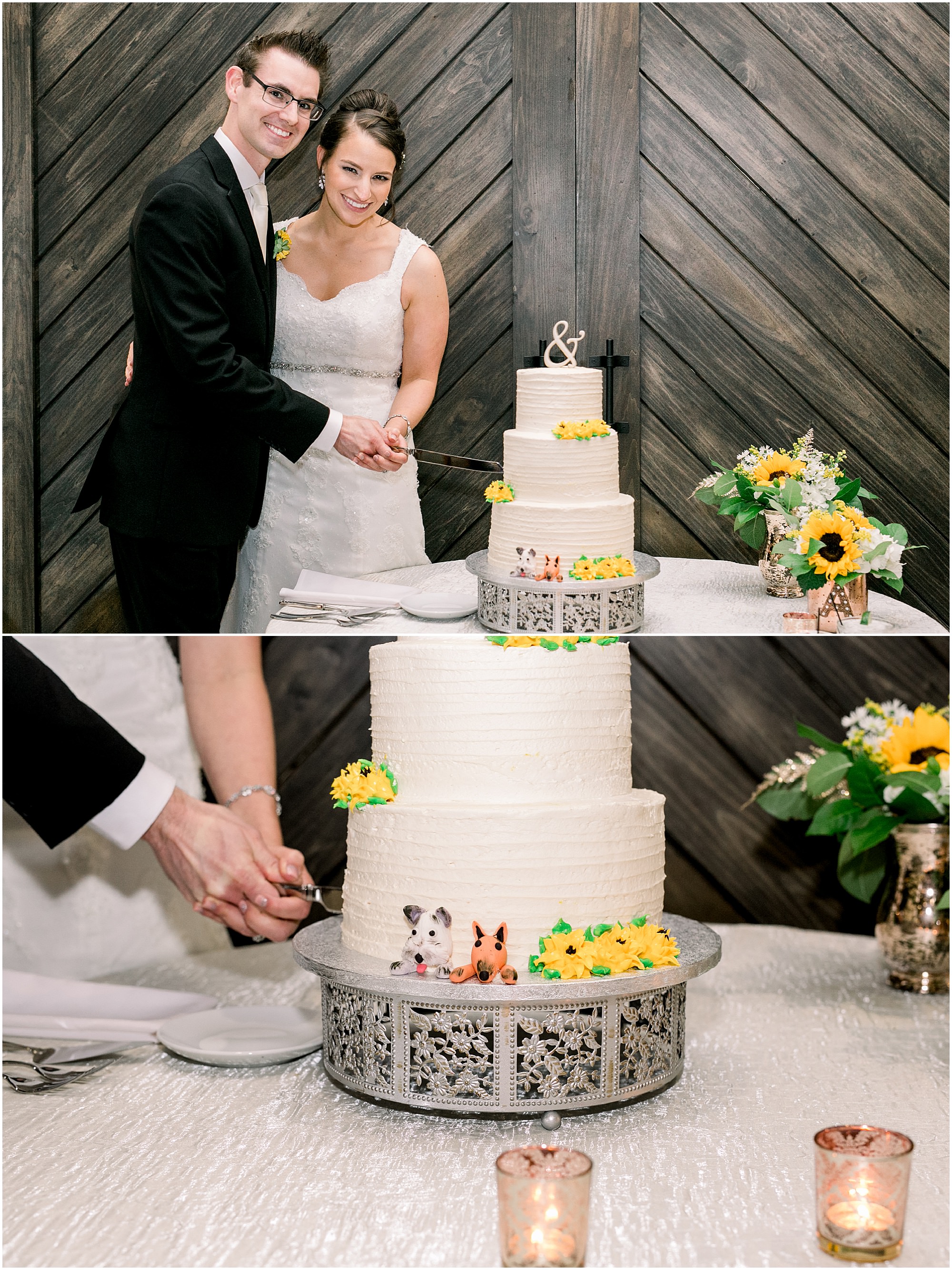 Couple cut their wedding cake.