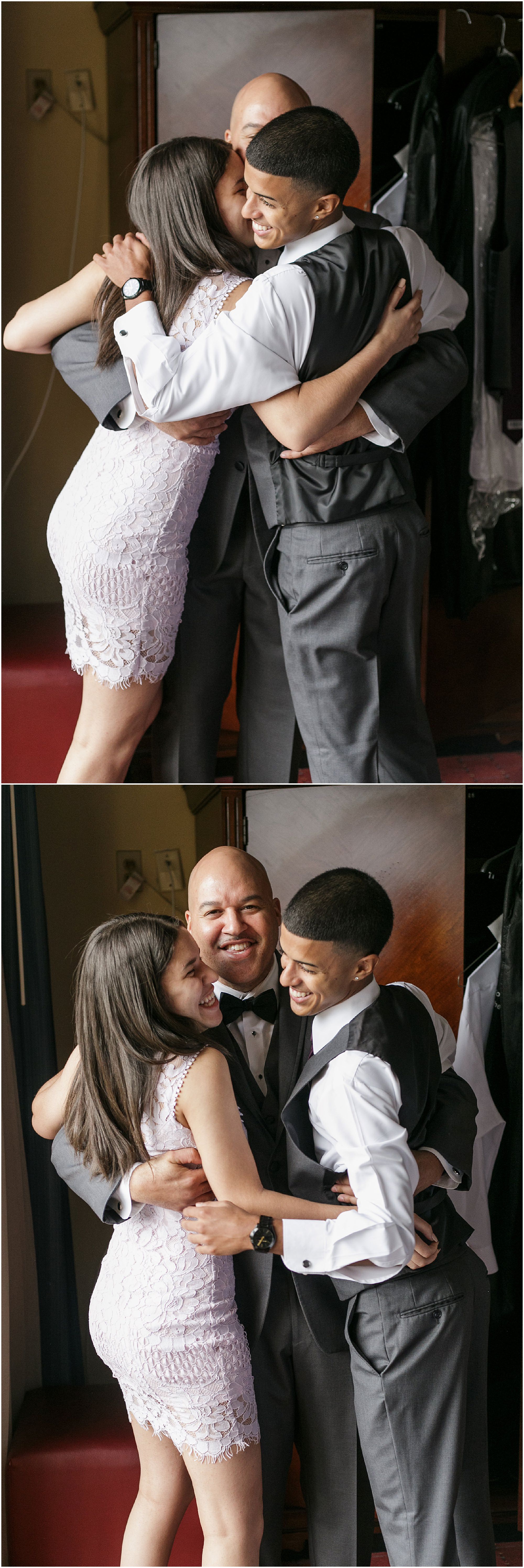 Groom hugging his son and daughter after they help him get ready