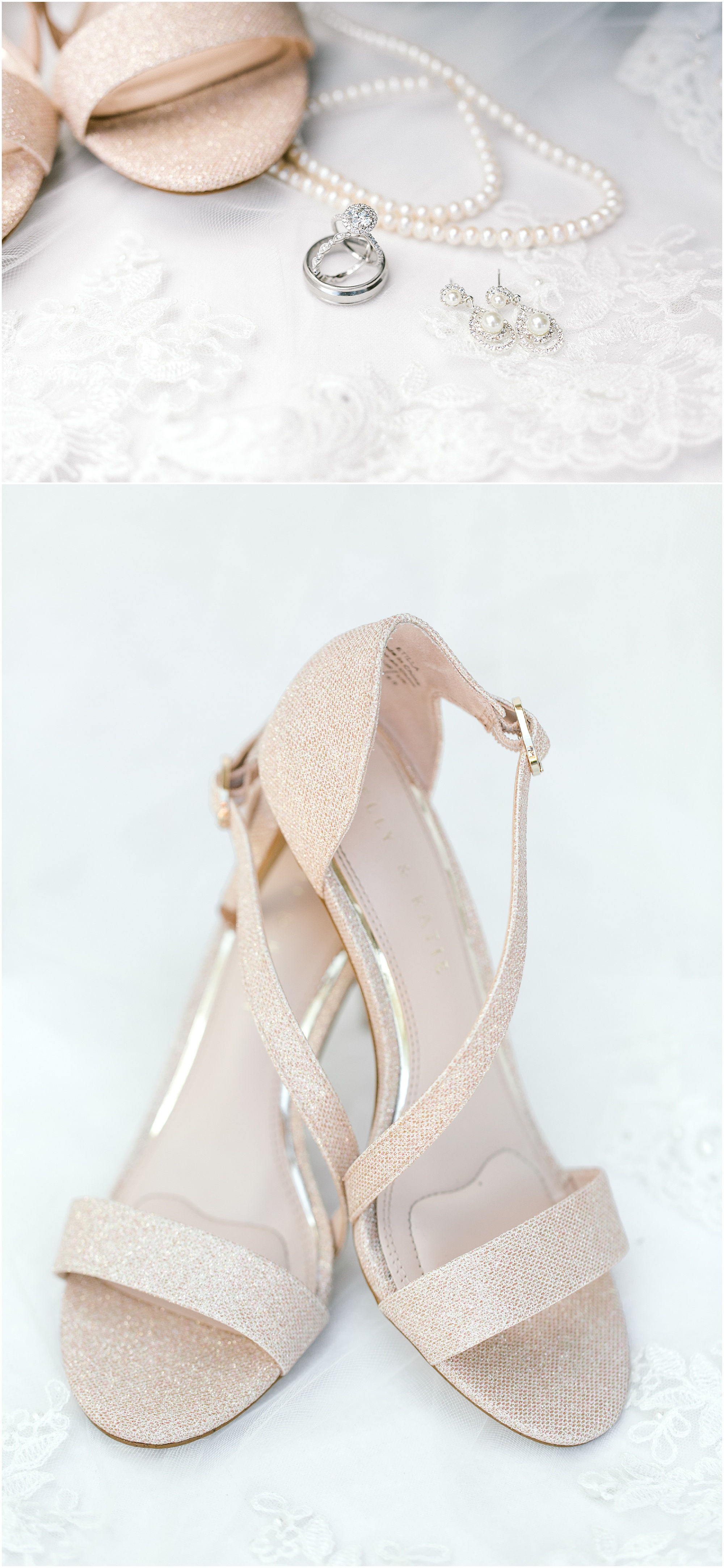 Bride's jewelry and shimmery pink shoes.