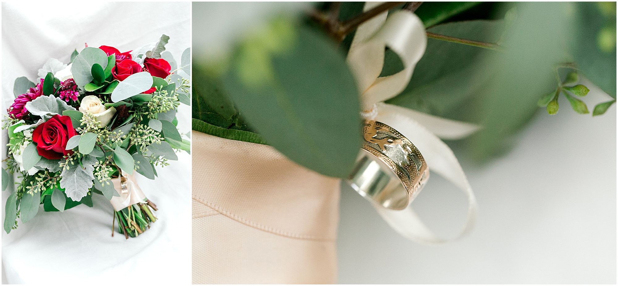 Bride's wedding bouquet and close up of a heirloom ring attached to the stems.