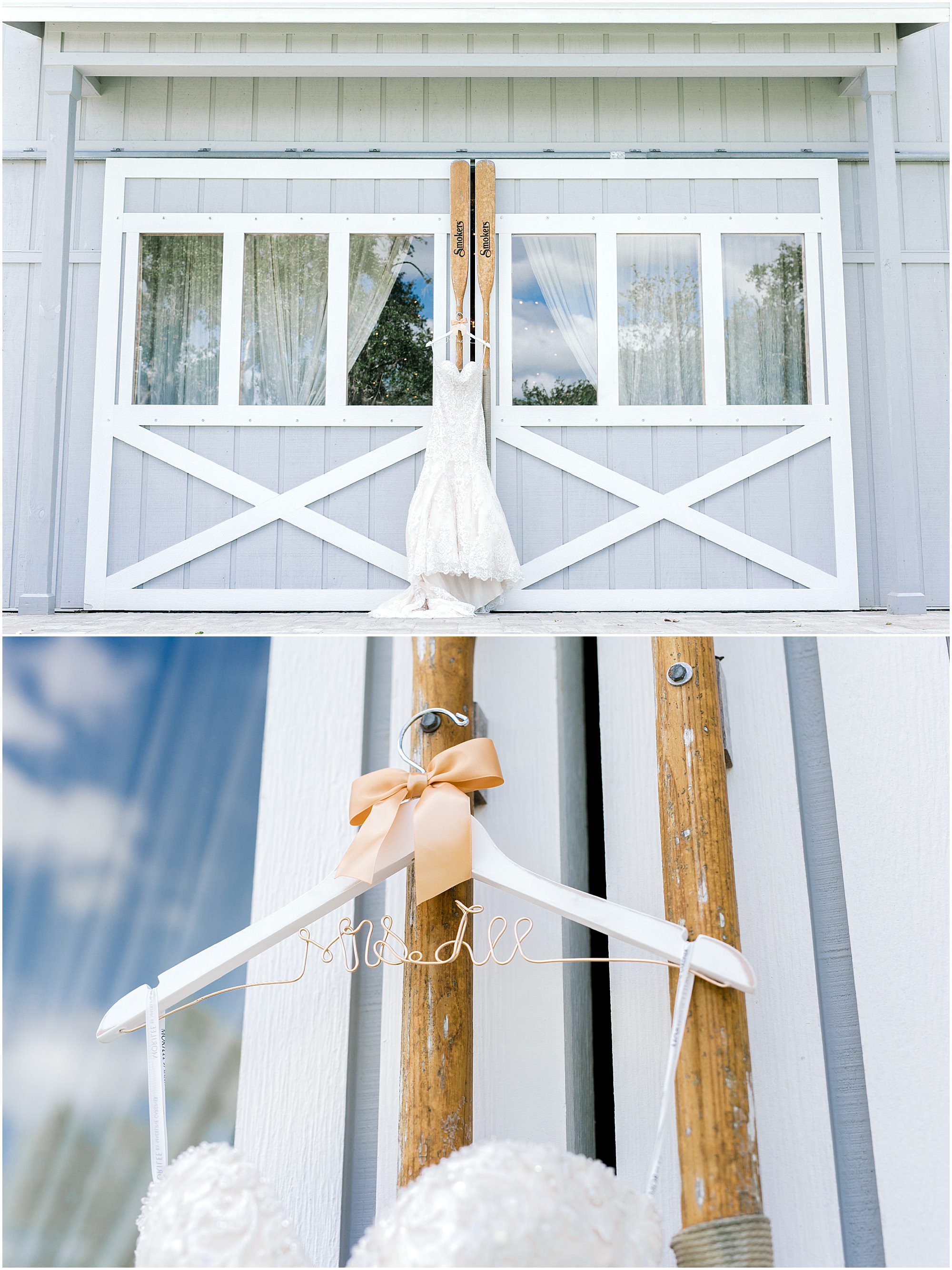 Wedding dress hanging on boathouse doors at Up the Creek Farms