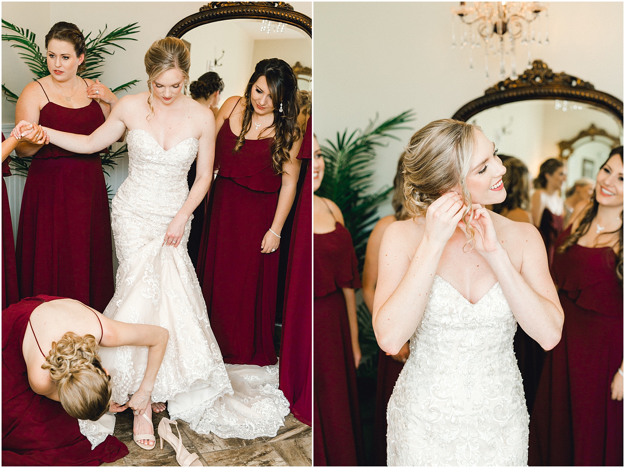 Bridesmaids helping the bride into her shoes and watching as she puts on her earrings