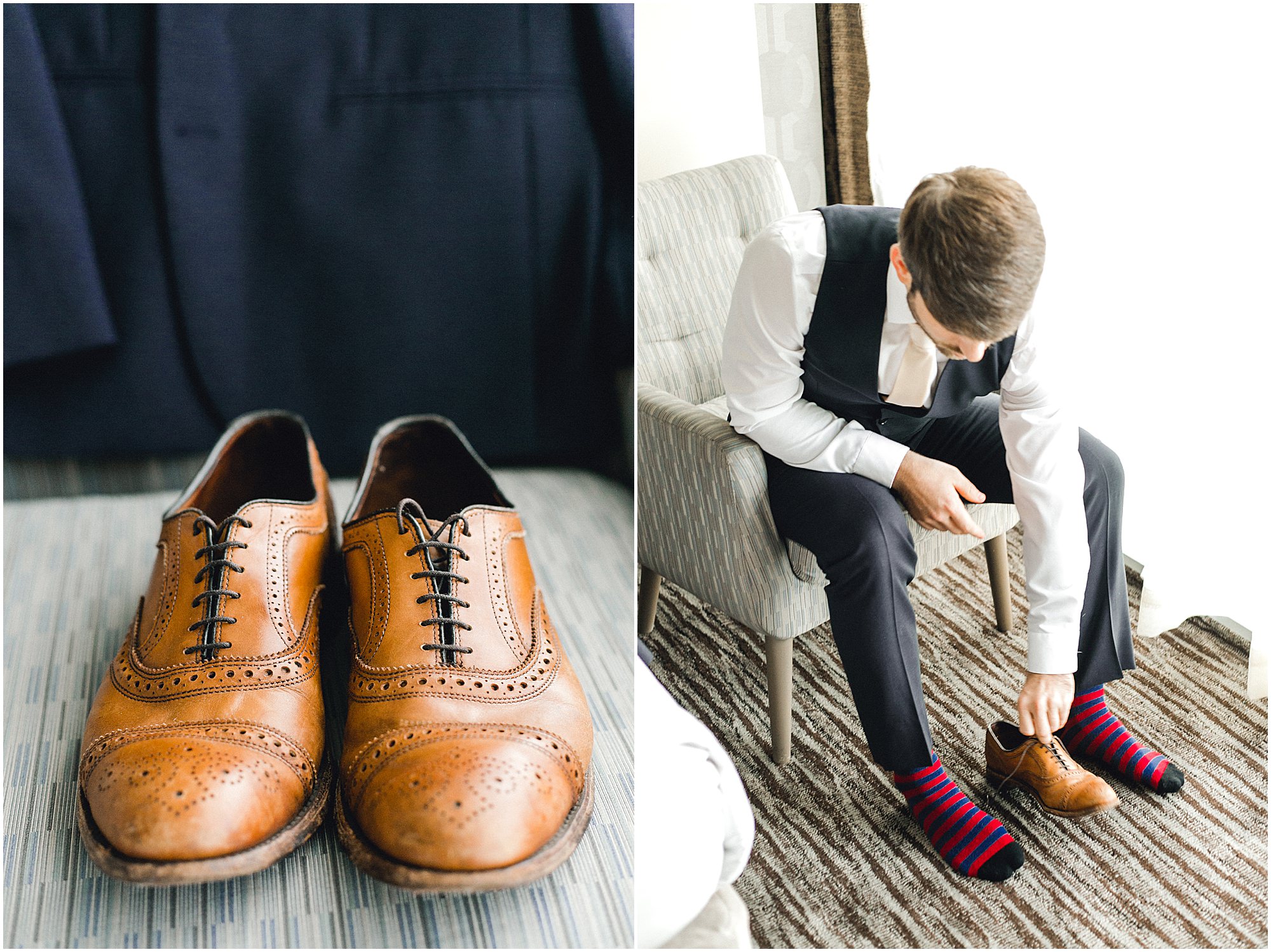 Groom putting on his shoes while wearing red striped socks.