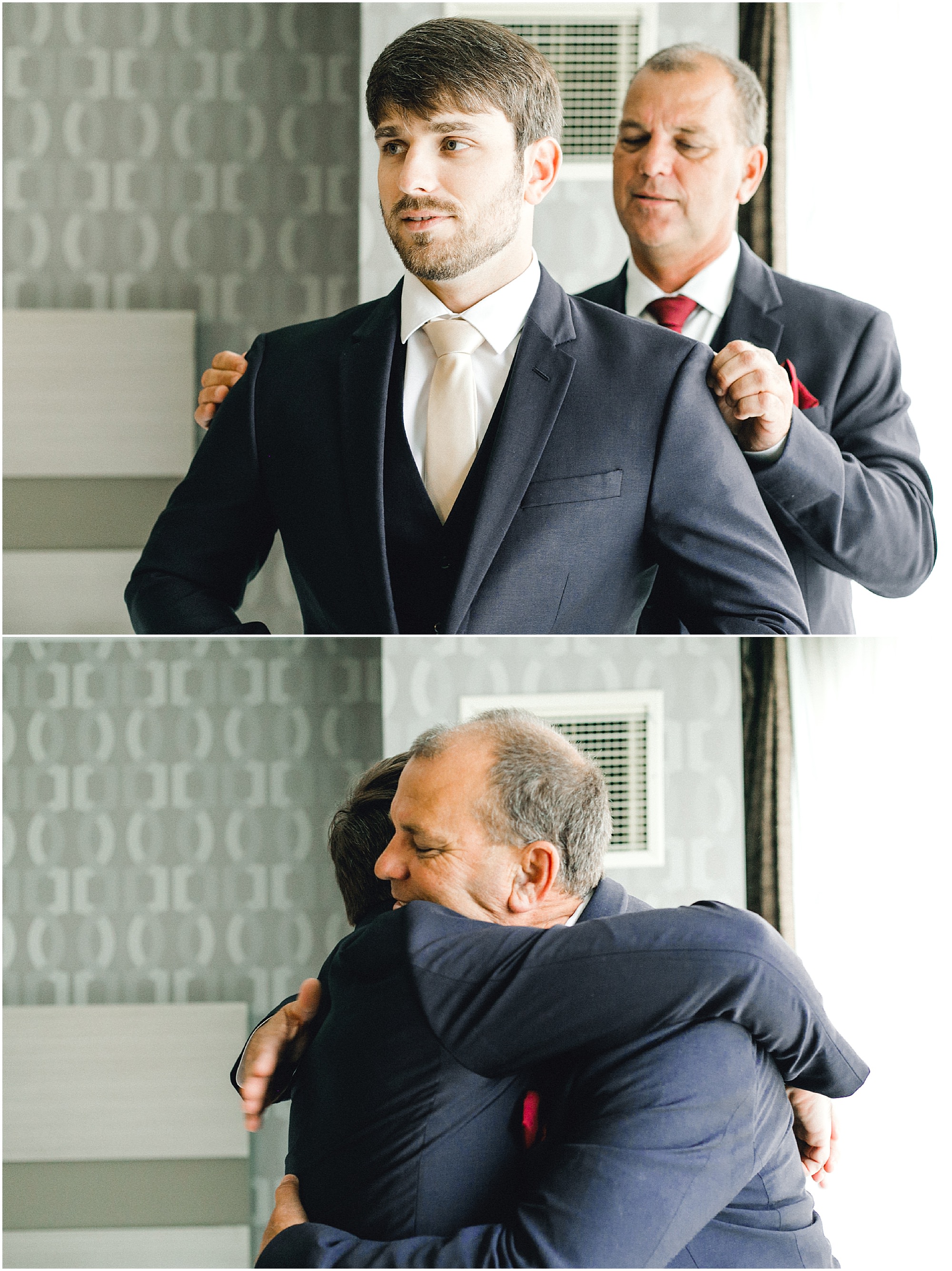 Groom's father helping him put on his jacket