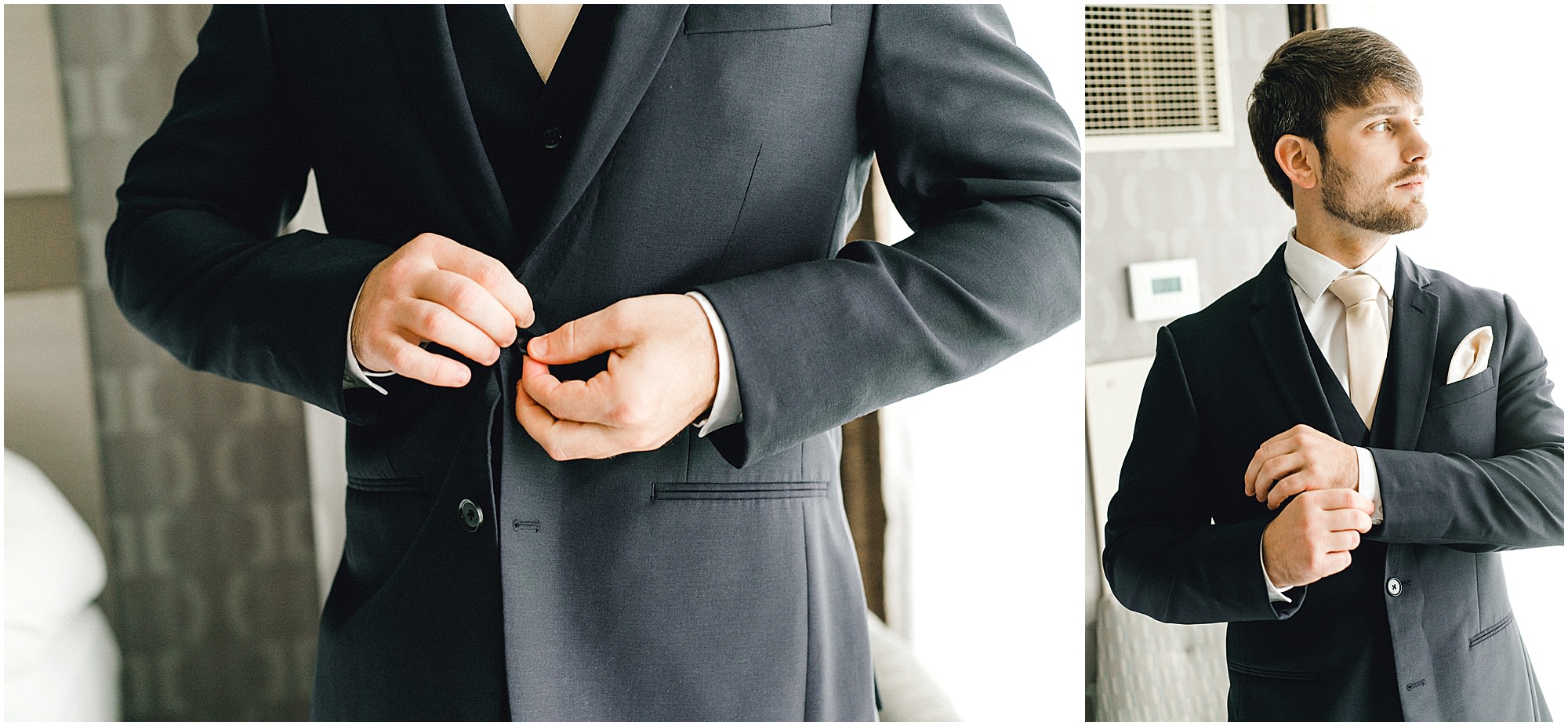 Groom putting on his cufflinks and buttoning his jacket.