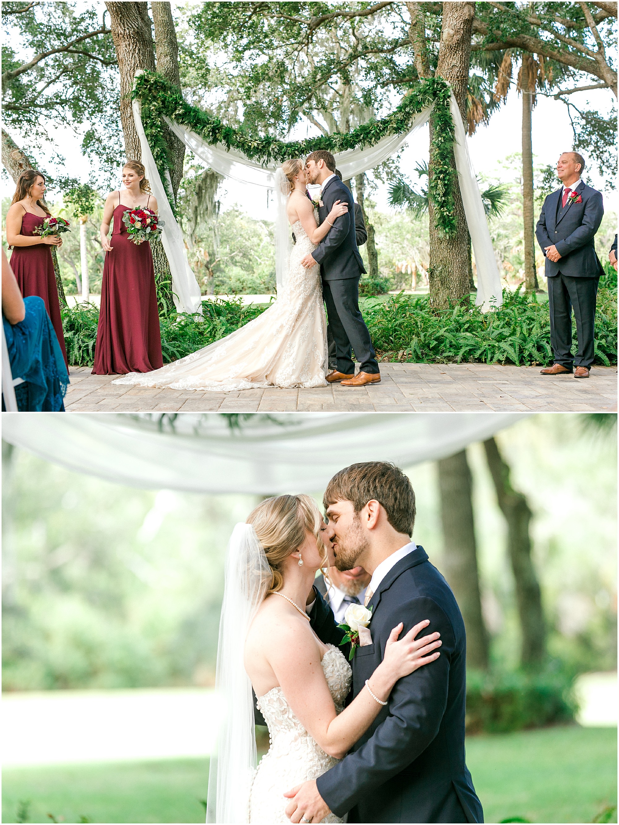 Newlywed couple kiss for the first time as a married couple.