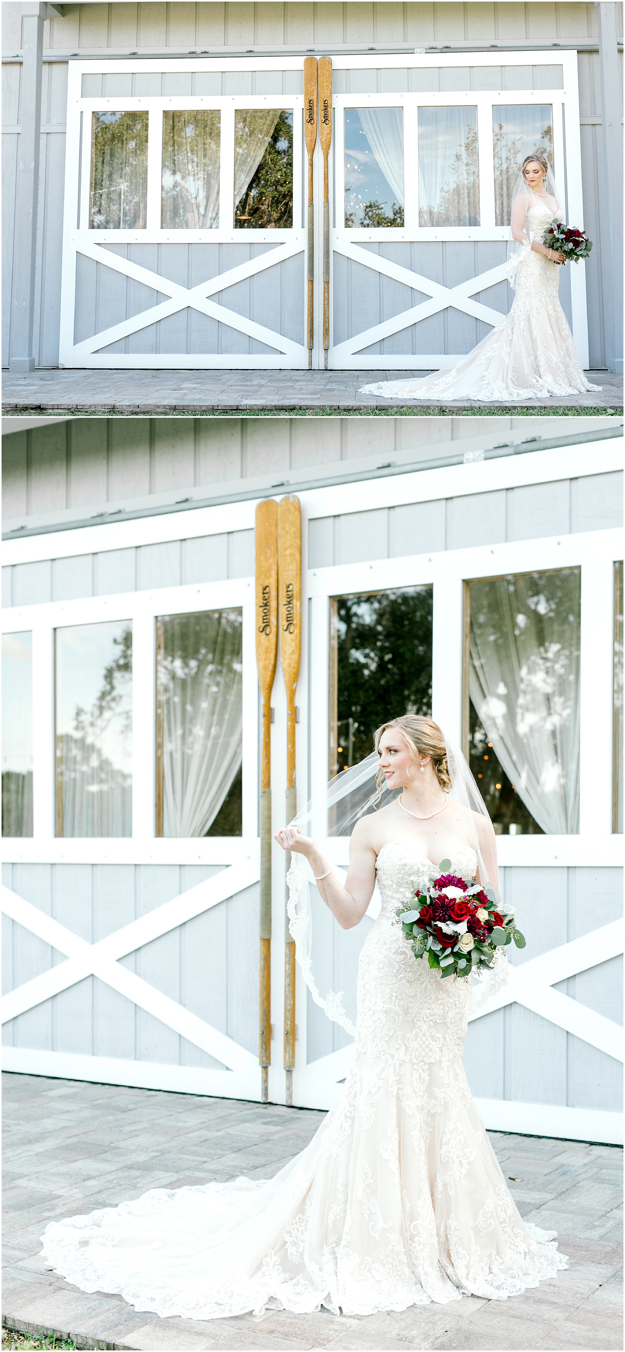 Bride posing in front of boathouse doors in her Morilee by Madeline Gardner wedding dress