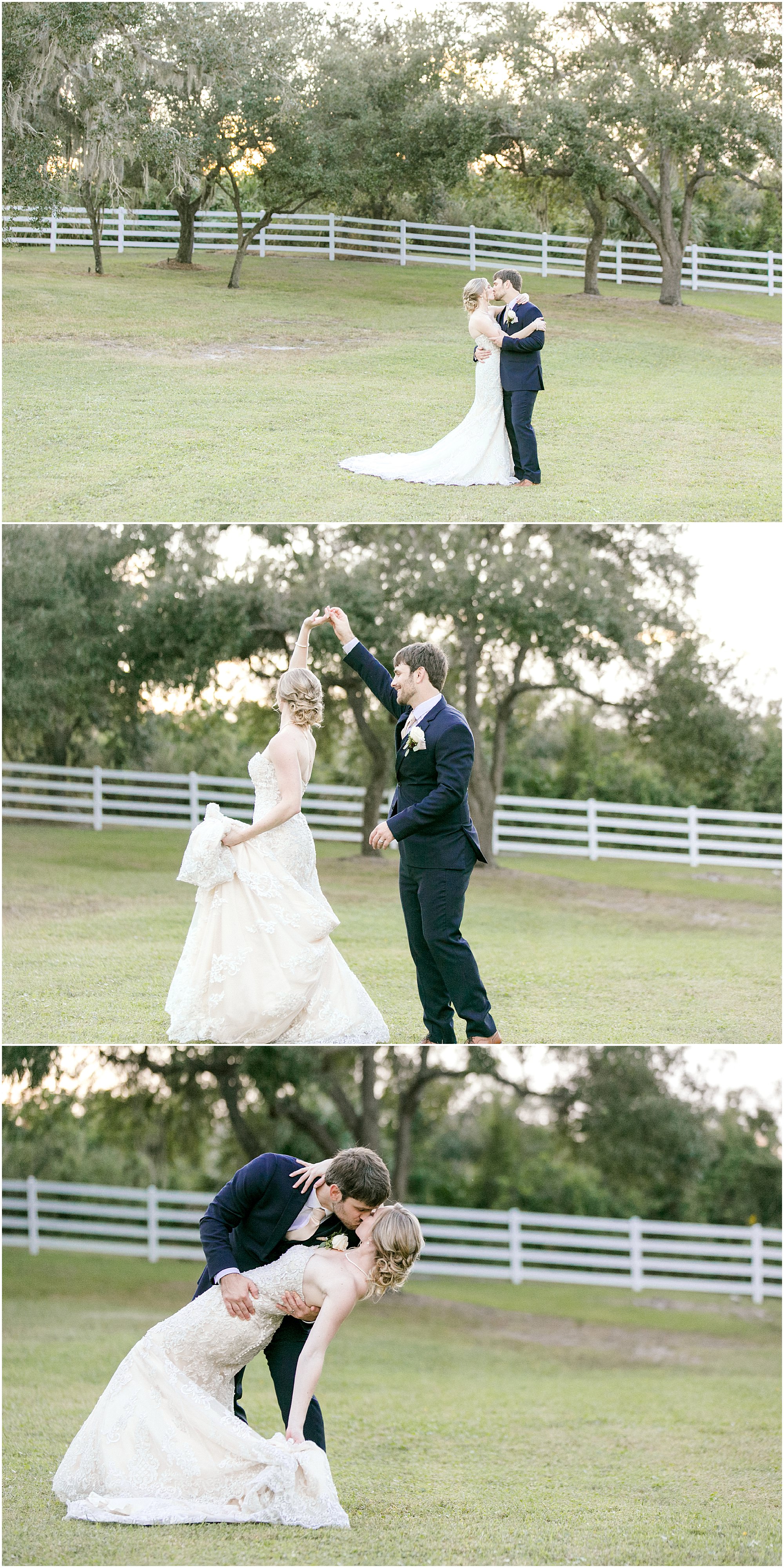 Bride and groom dancing in a grassy field
