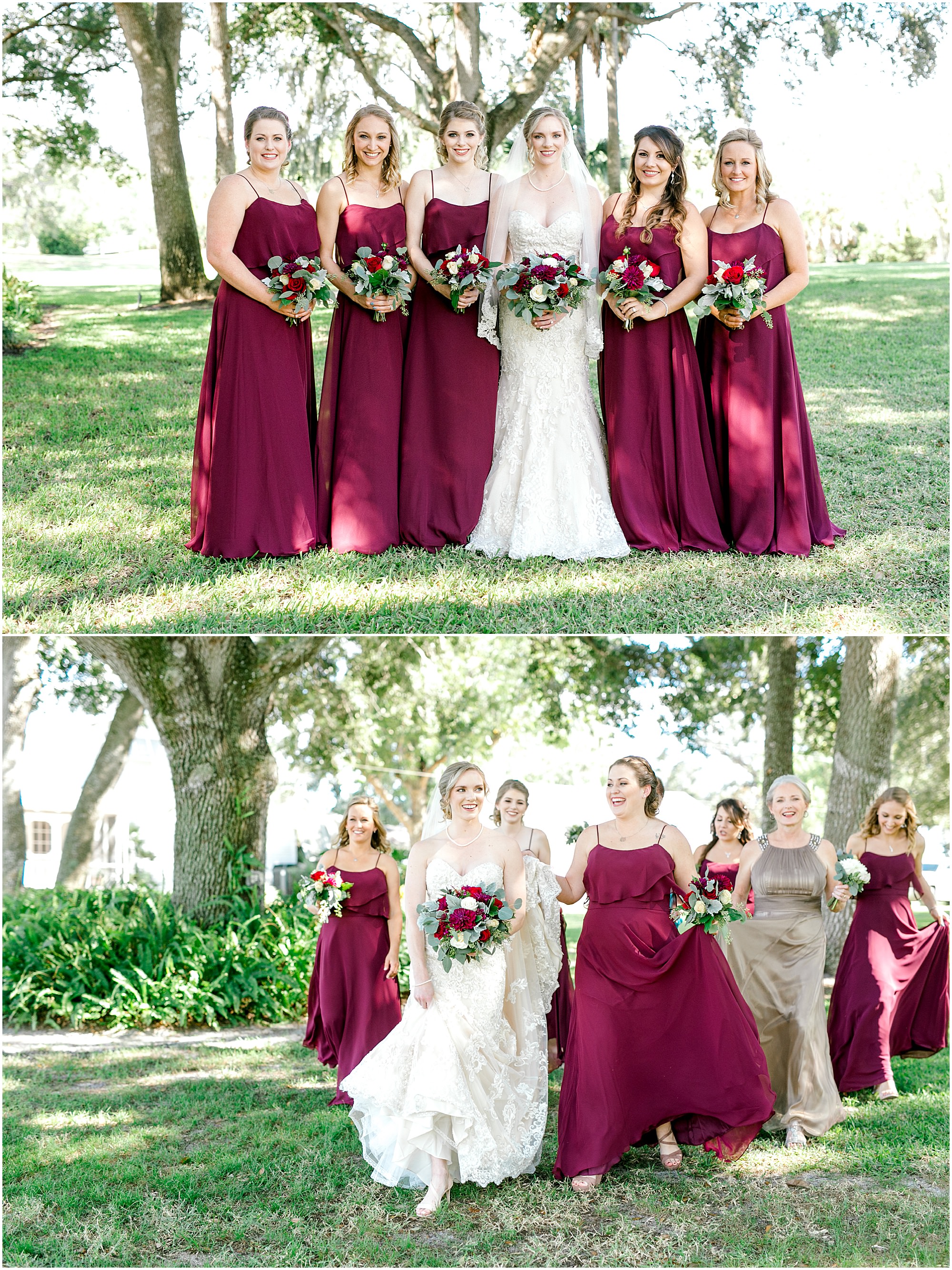 Bridal party walking in the grass and posing for photos