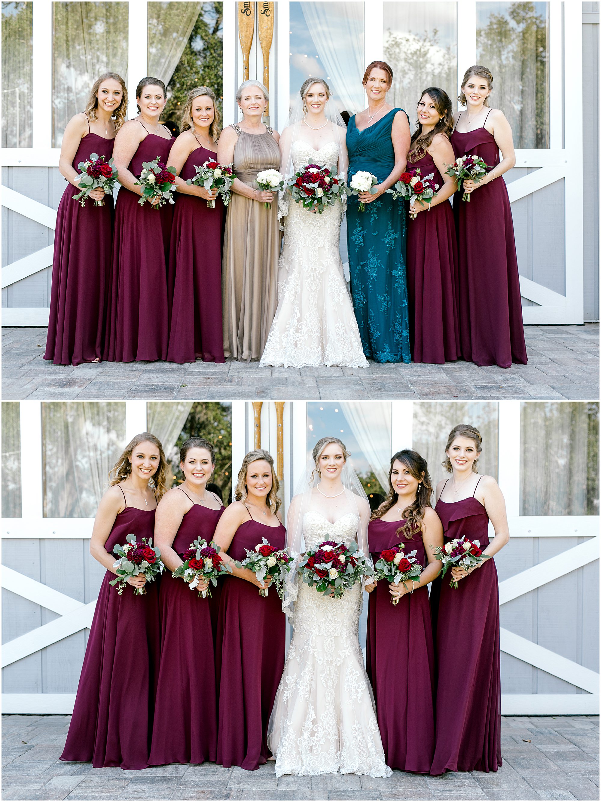 Bridal party in front of boathouse doors