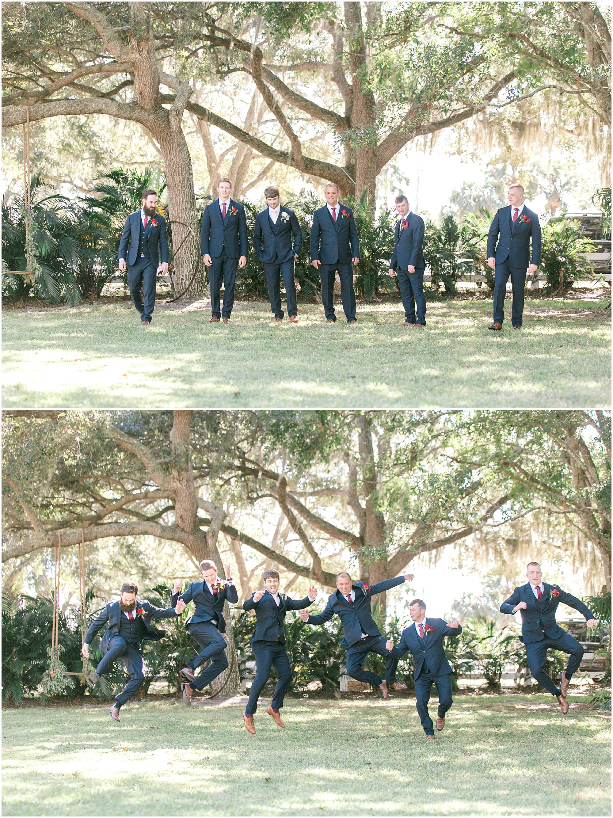 Groomsmen taking photos and jumping in the air