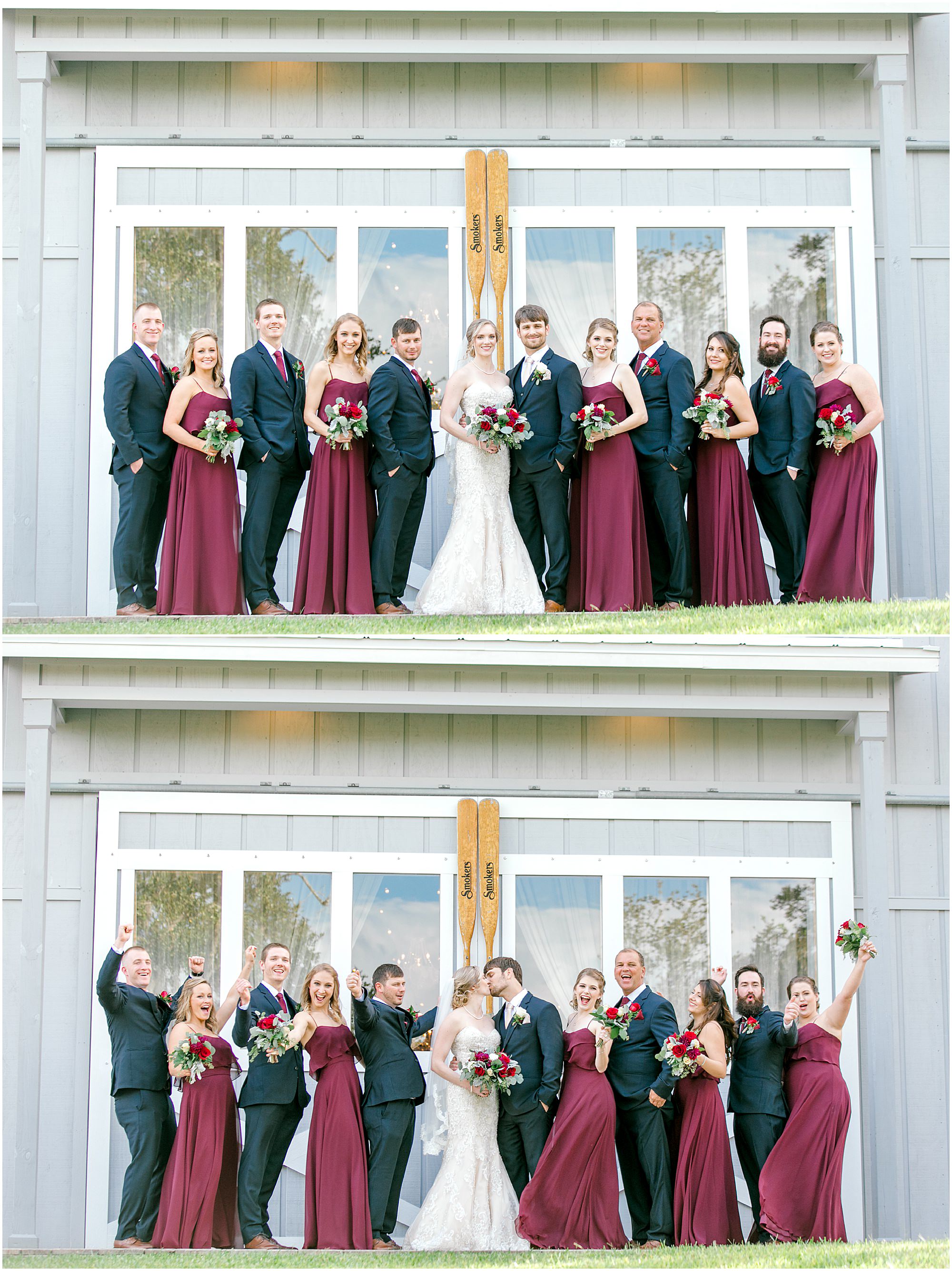 Wedding party taking photos in front of boat house doors