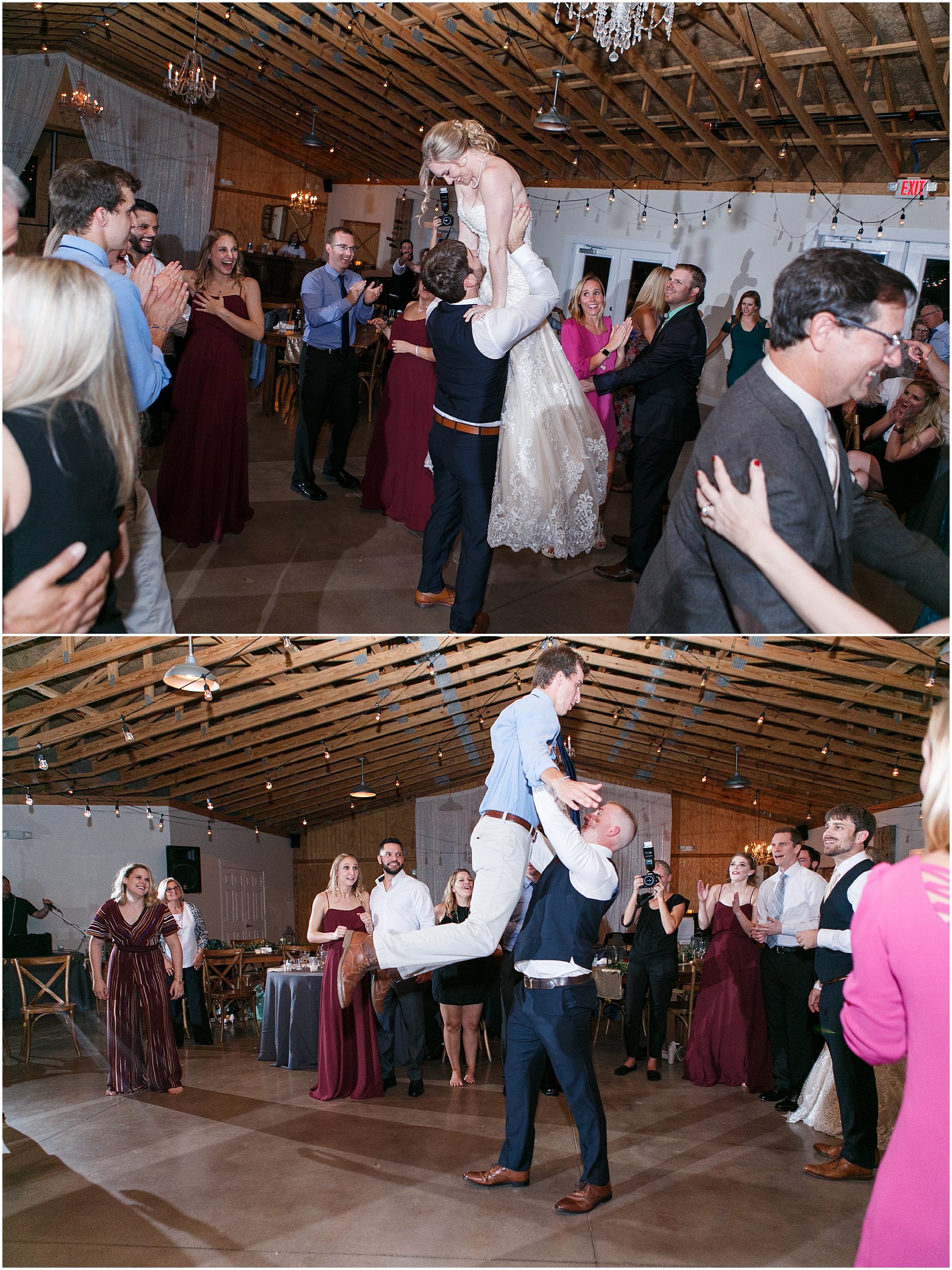 Groom lifting the bride and wedding guests copying them.