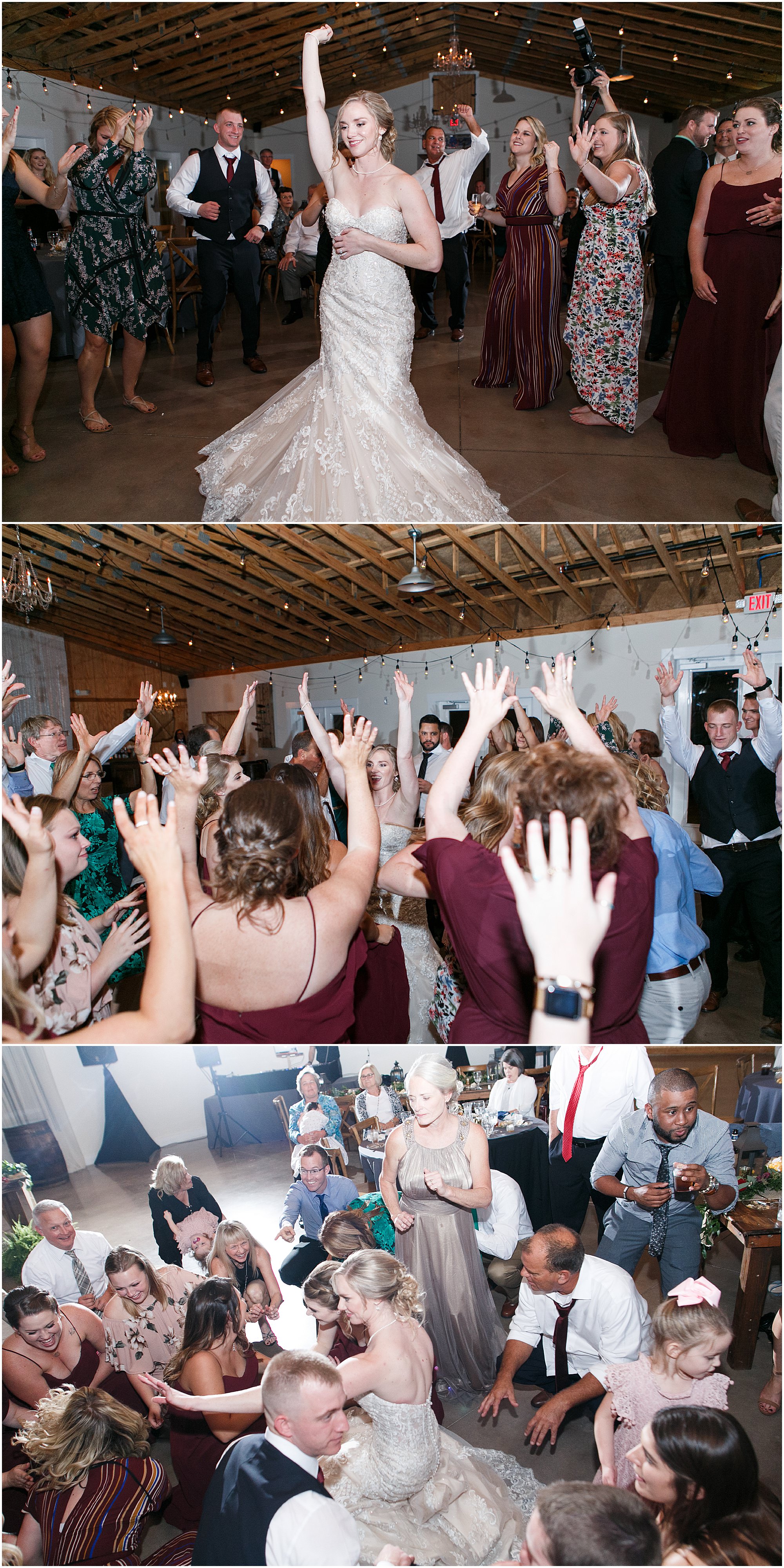 Bride dancing with guests at wedding reception. 