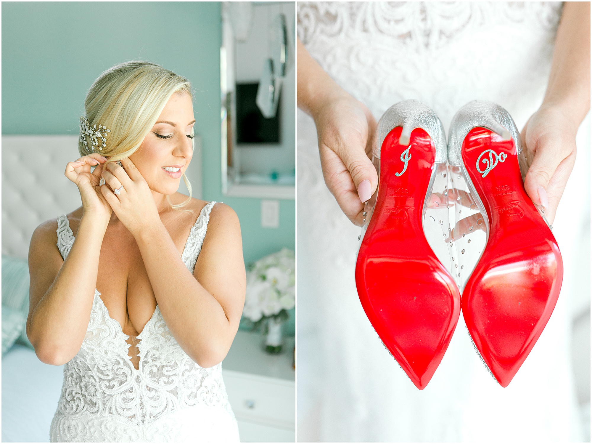 Bride putting on her earrings and showing off the red bottoms of her shoes. 