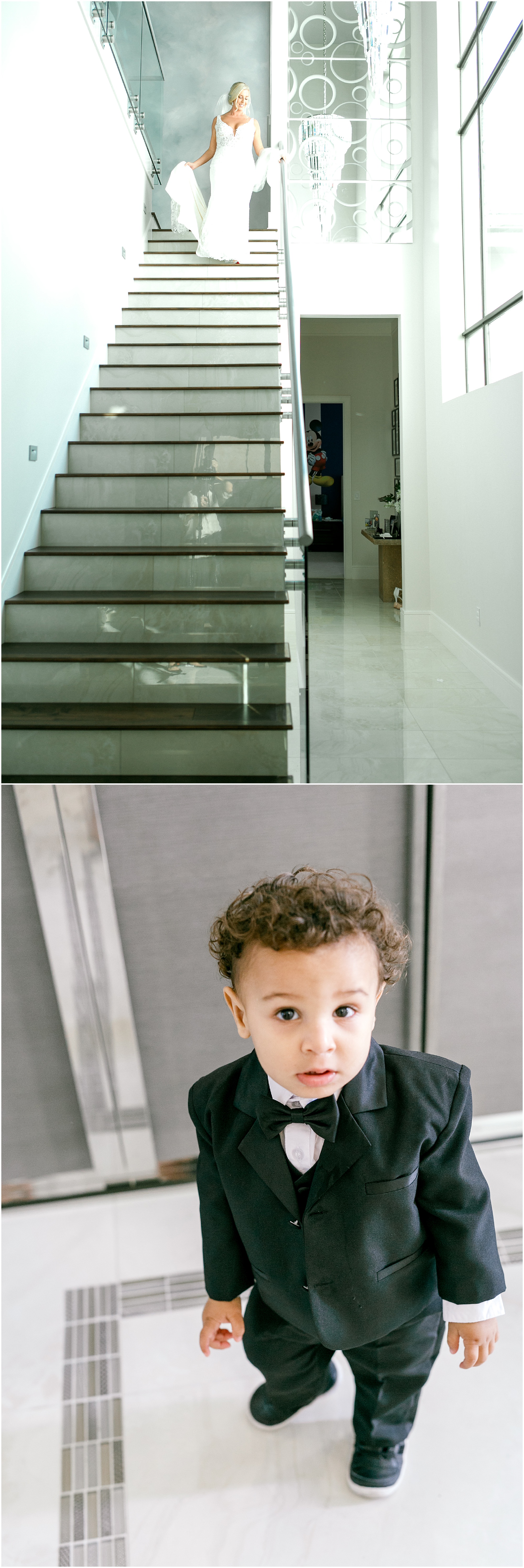 Bride walking down the stairs and her son watching her at the bottom. 