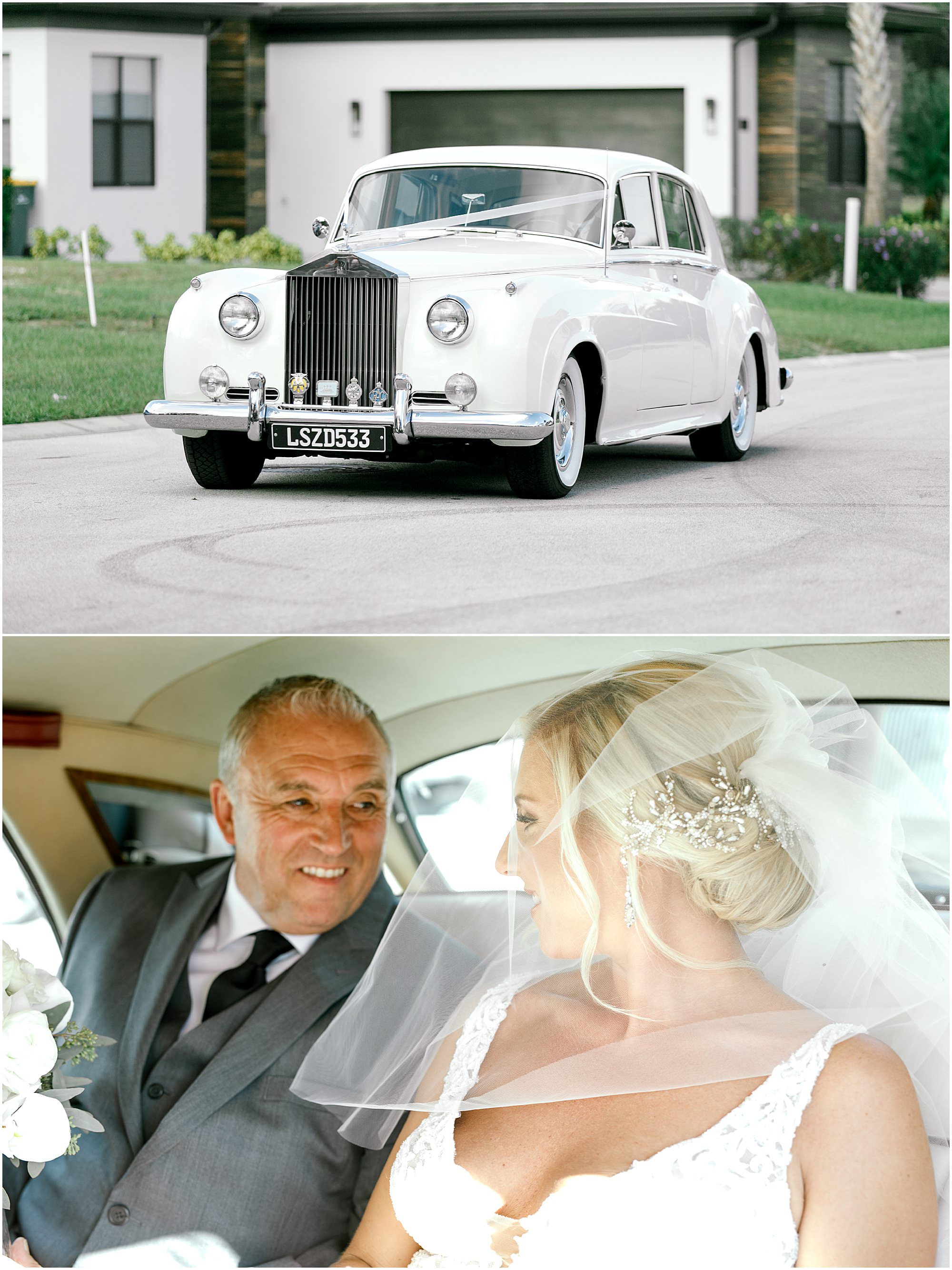Bride and her father in a Rolls Royce traveling to the wedding ceremony