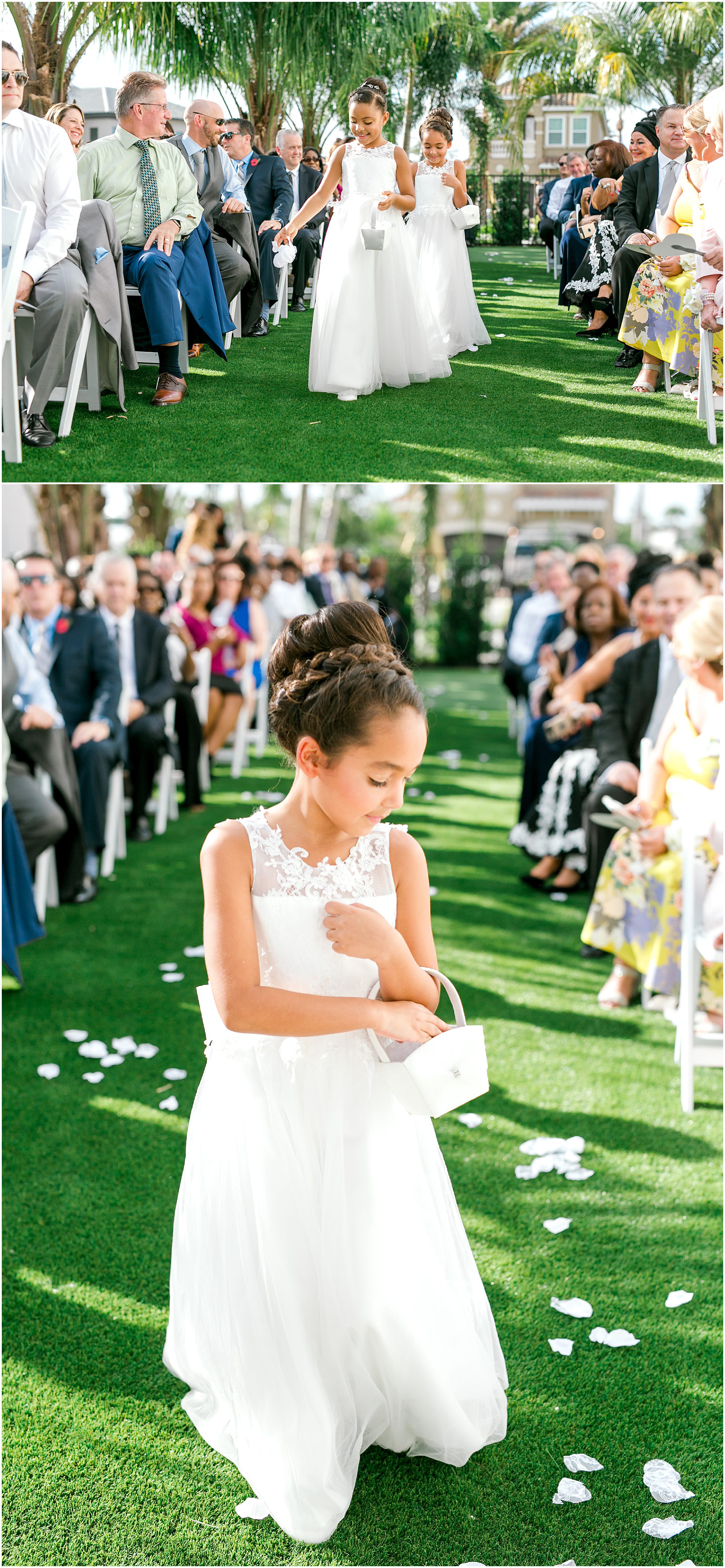 Flower girls walking down the aisle at outdoor wedding while guests wait for the bride to walk down the aisle. 