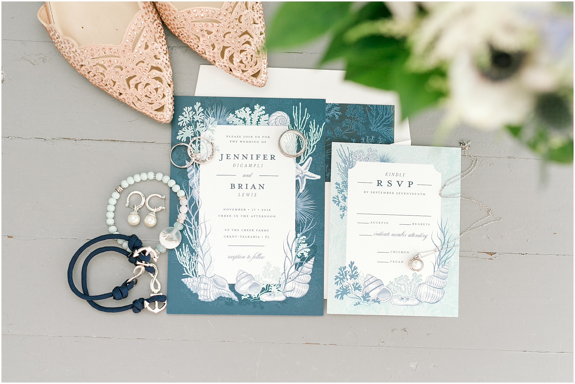 Seaside Inspired Wedding invitations and bride's jewelry