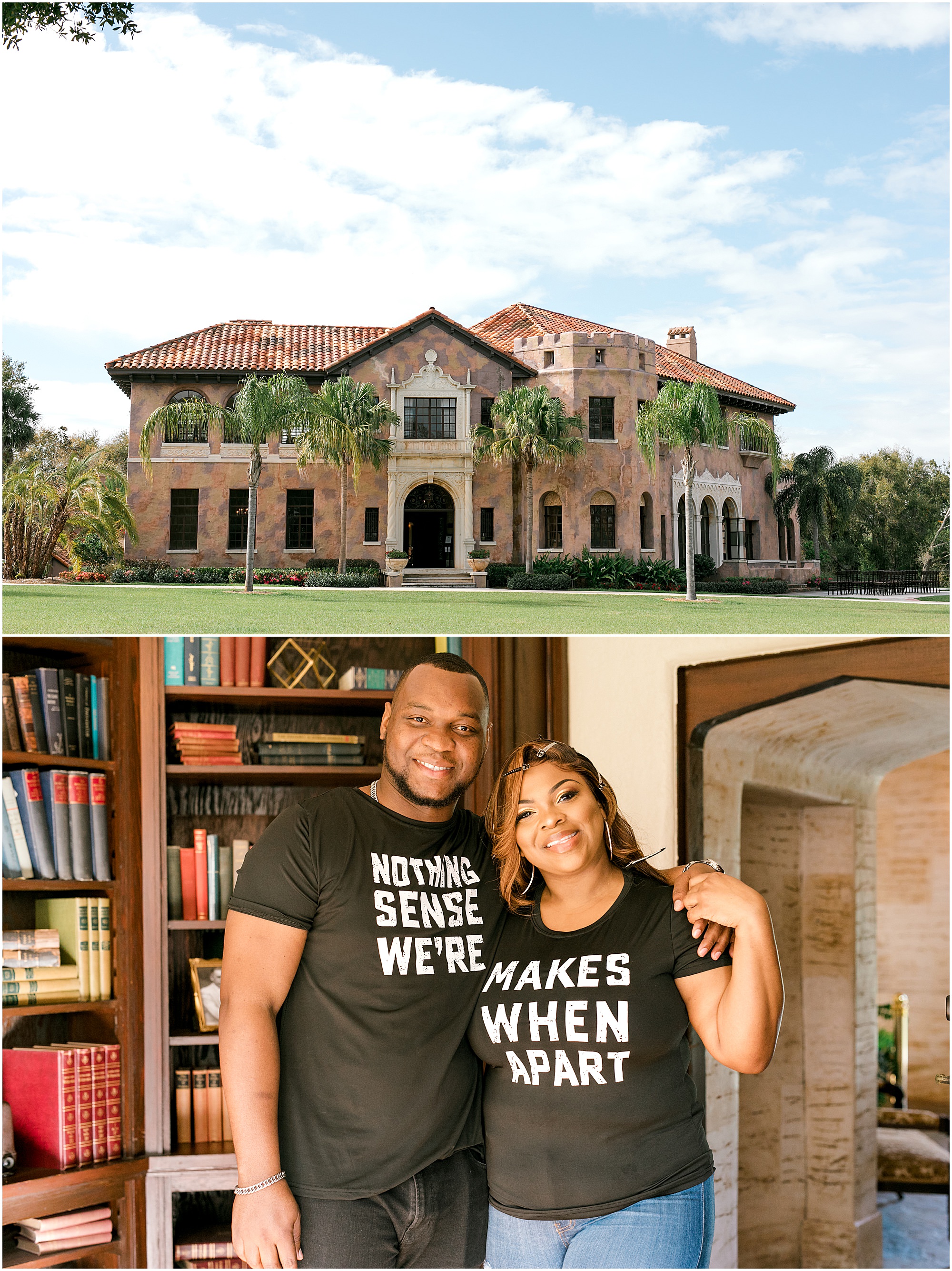 An Intimate Howey Mansion Wedding venue and couple in matching shirts