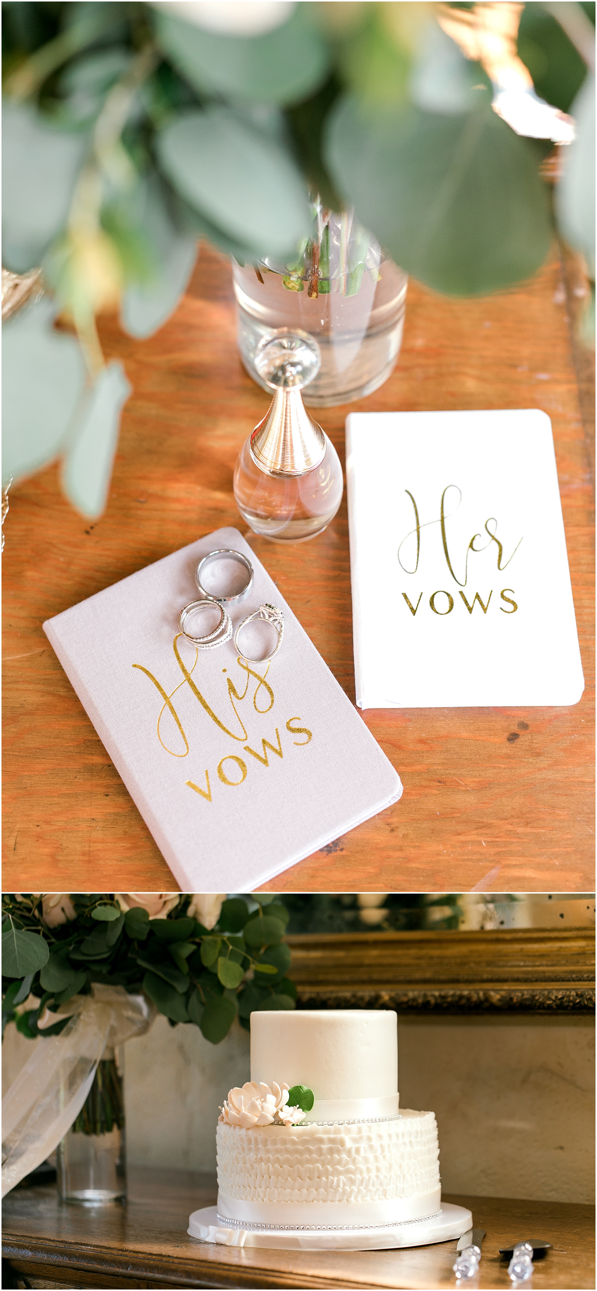 Detailed photos of his and hers vows along with a two tiered white cake