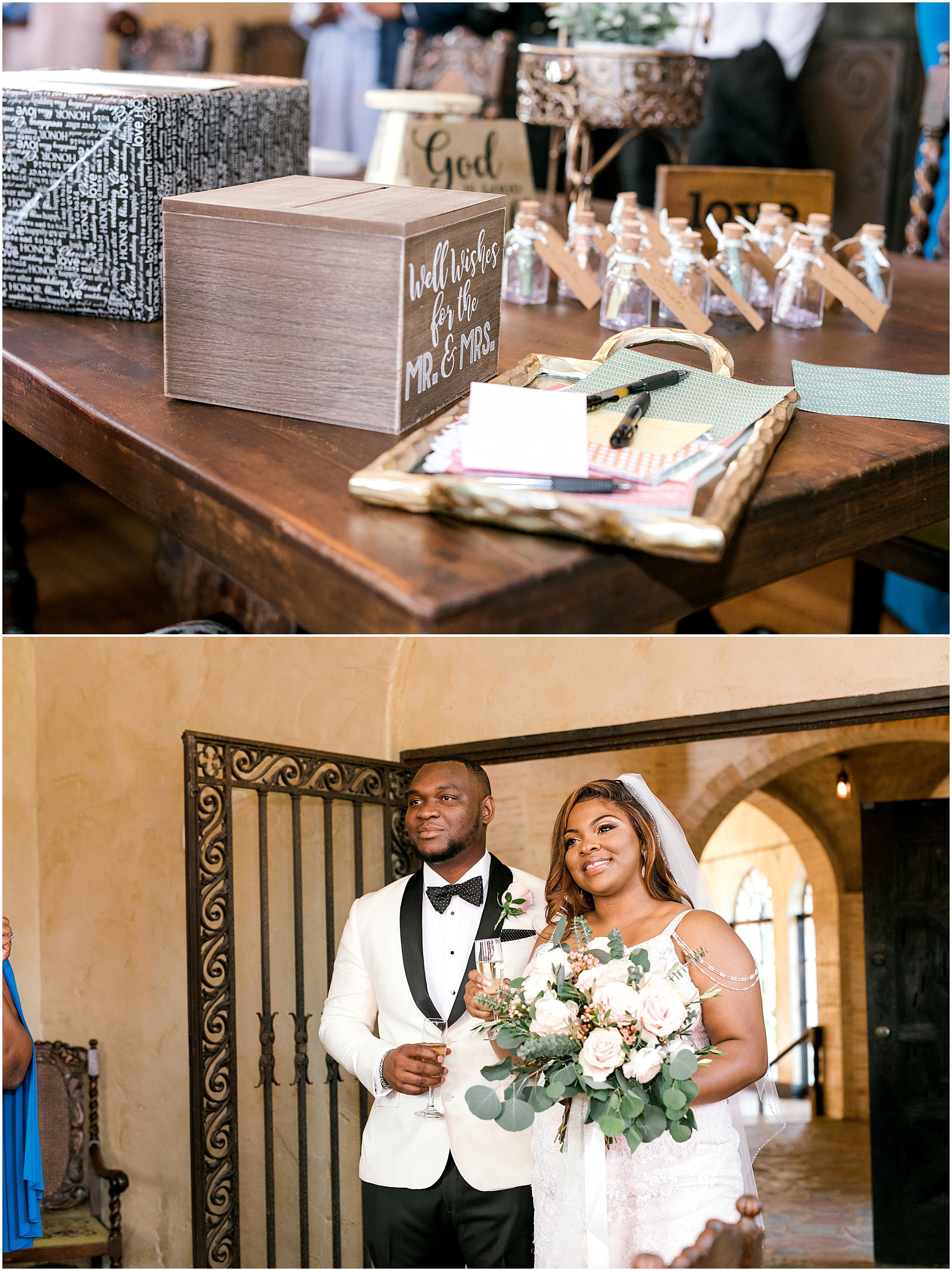 Close up of the guest book and the bride and groom entering the room