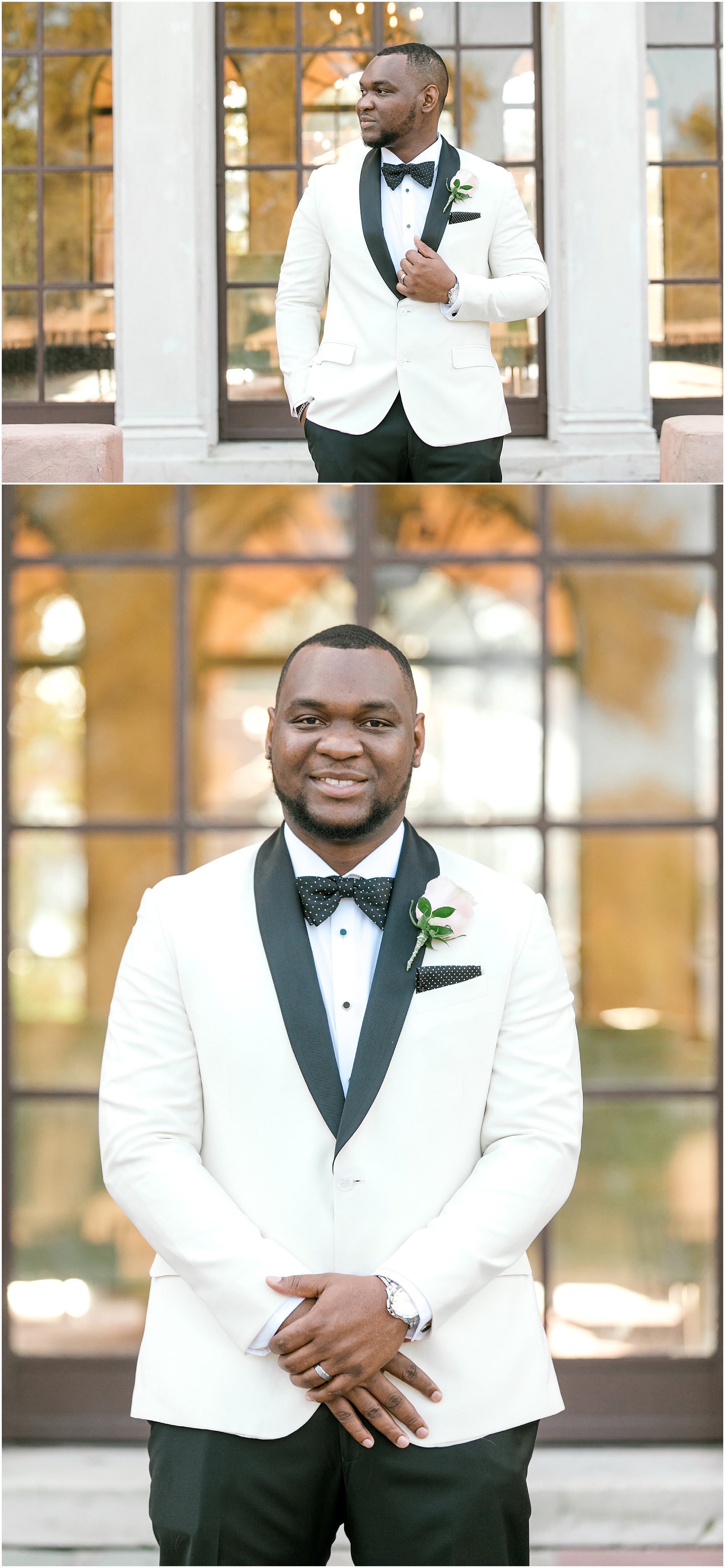 Portraits of the groom outside of the Howey Mansion