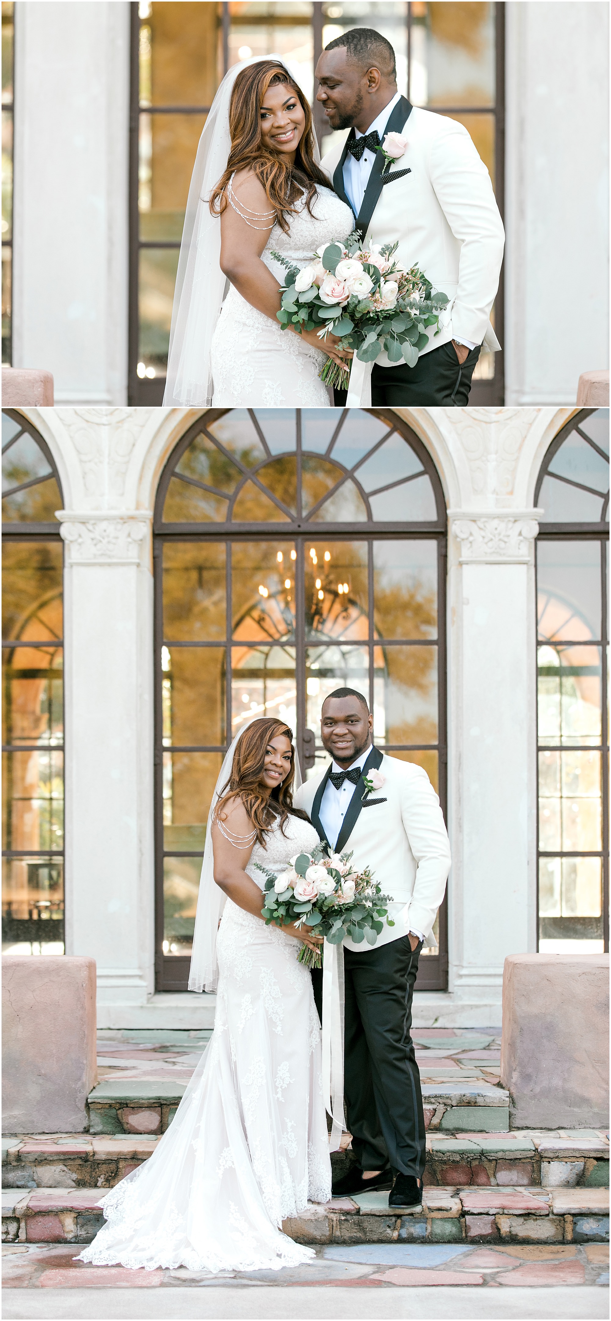 Bride and groom taking portraits at their outdoor ceremony space at the Howey Mansion