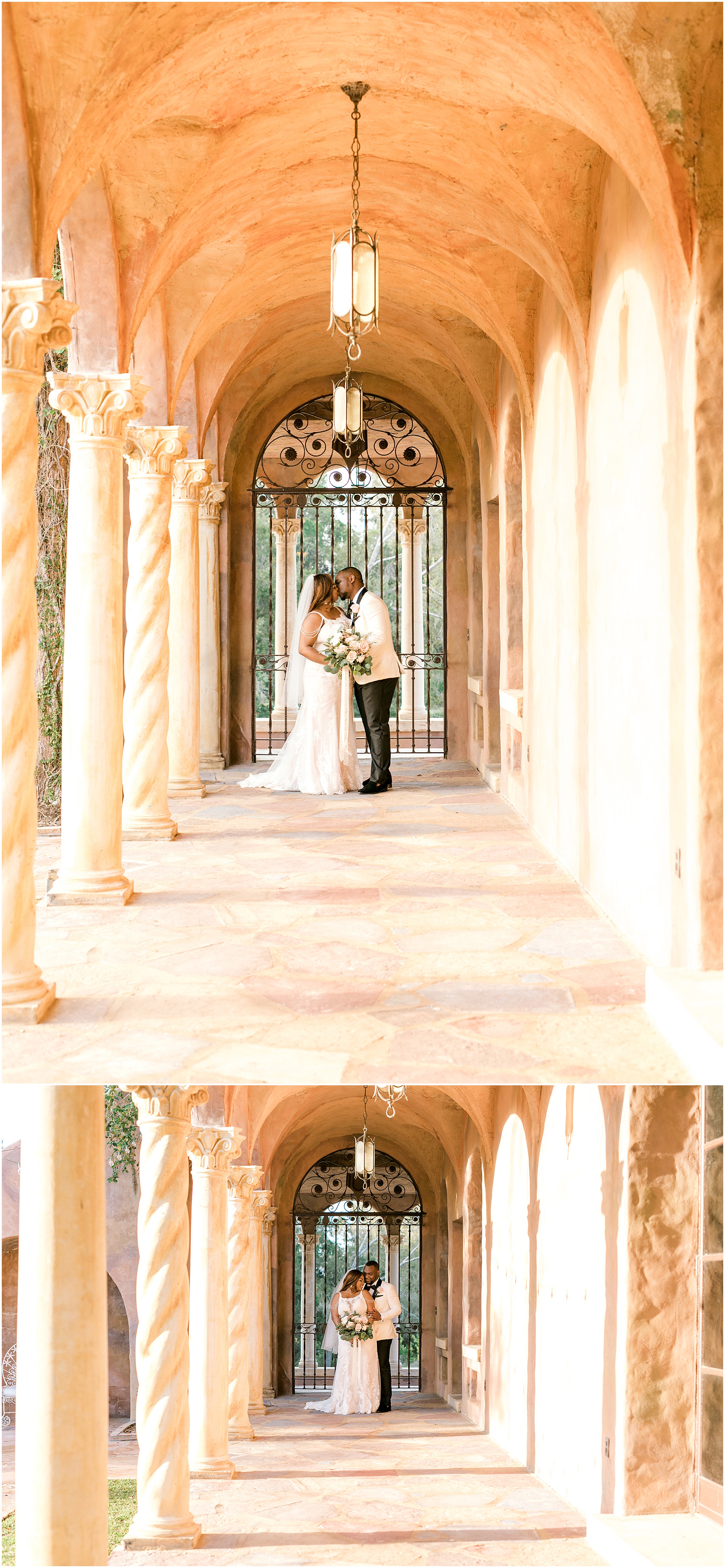 Bride and groom in the breezeway of the Howey Mansion